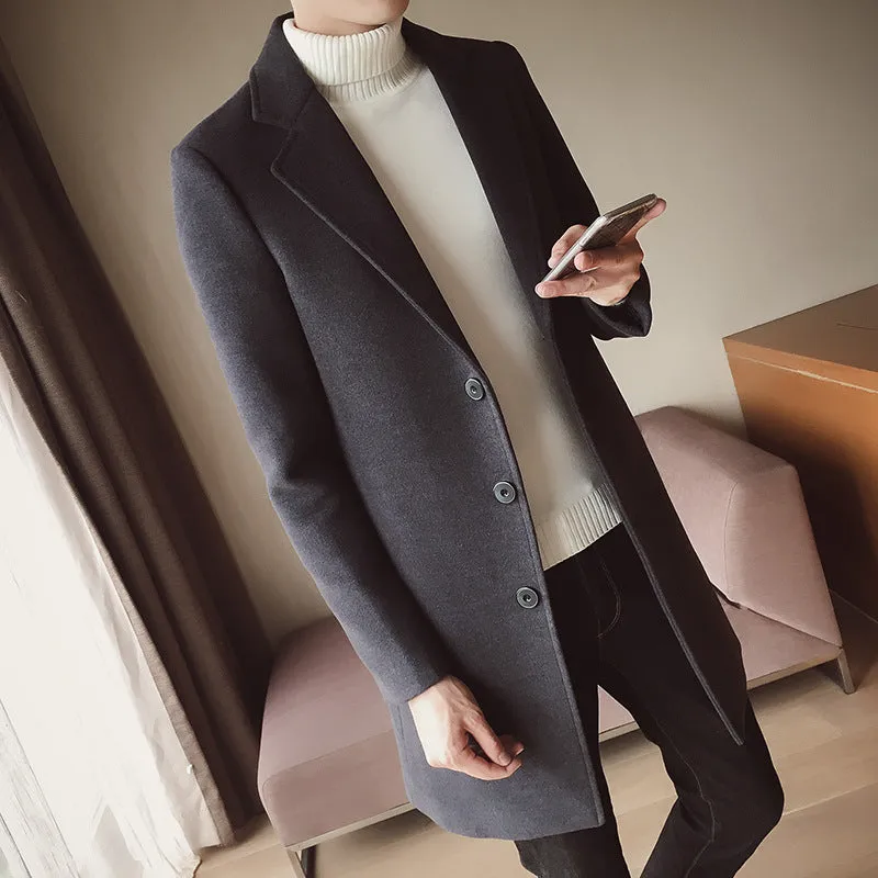 Men's mid-length trench coat Korean style slim woolen coat