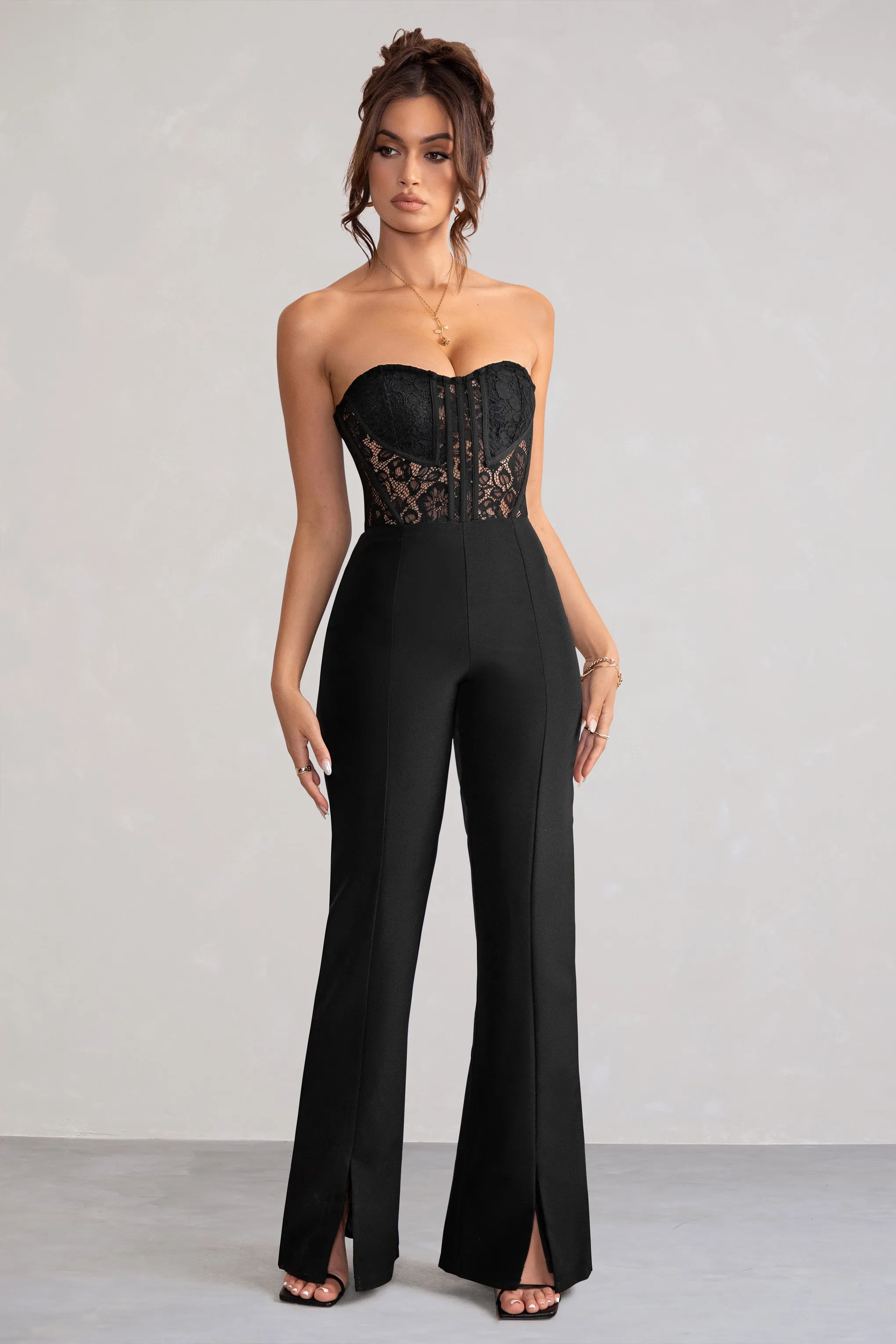 Mimi | Black Strapless Lace Corset Flared Leg Jumpsuit