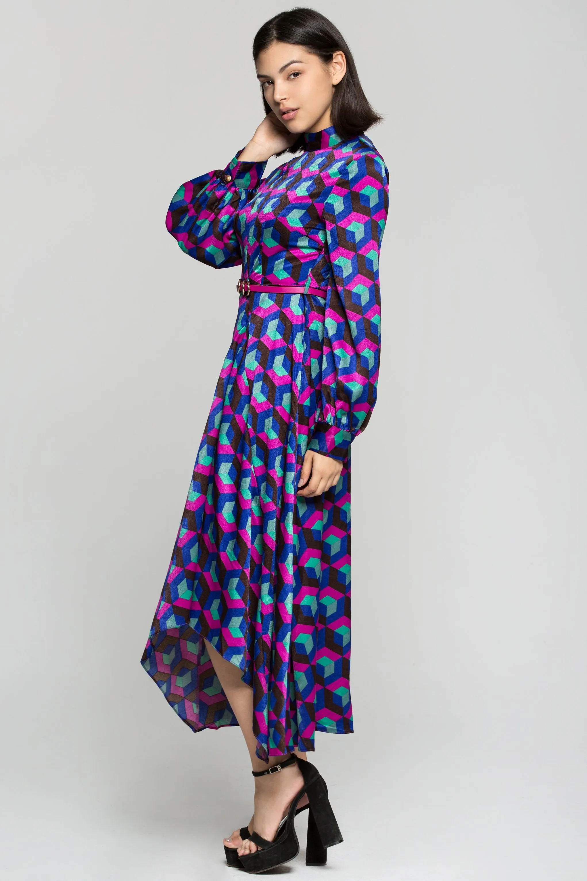 Multi Colored Cubic Print Maxi Dress with Belt