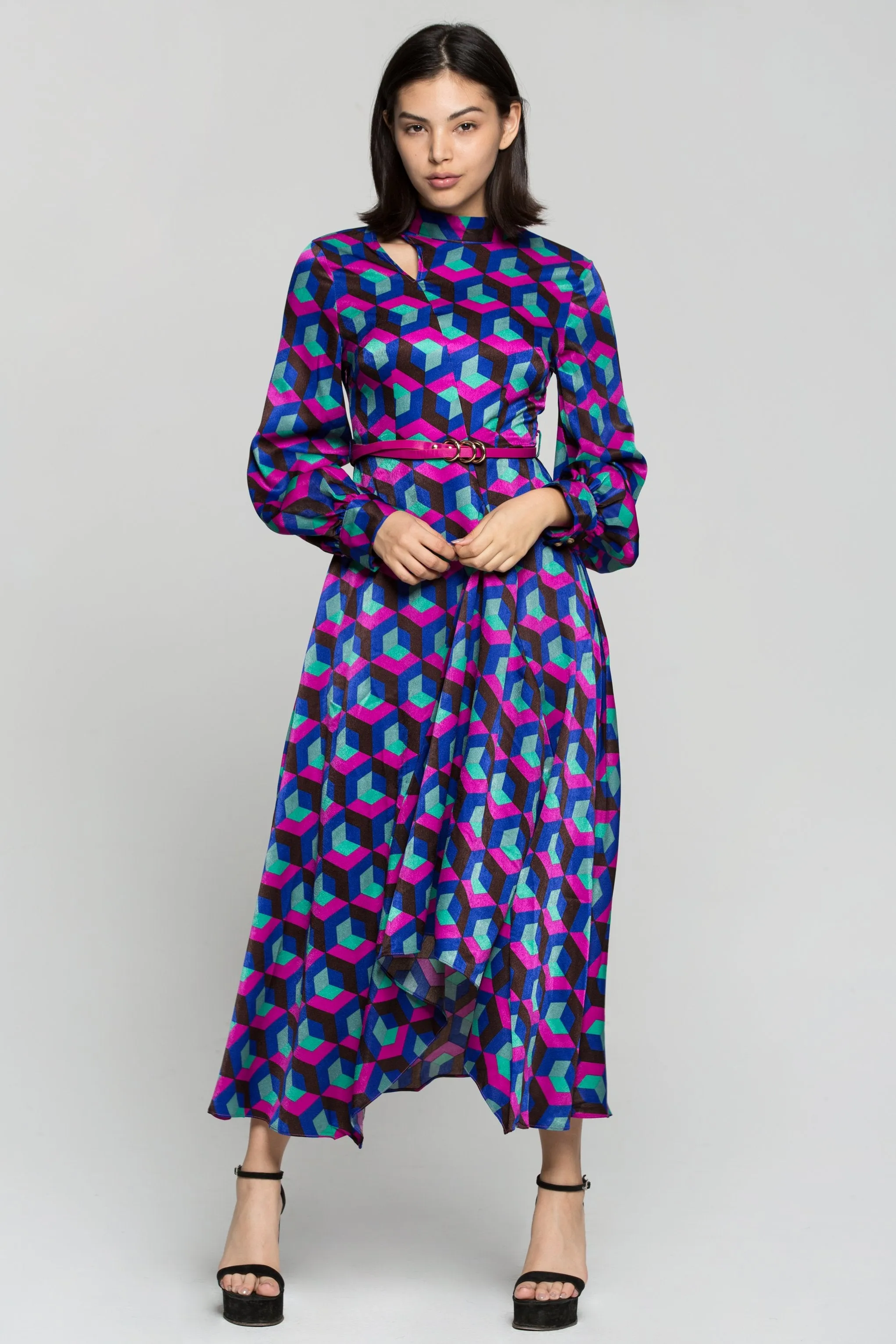 Multi Colored Cubic Print Maxi Dress with Belt