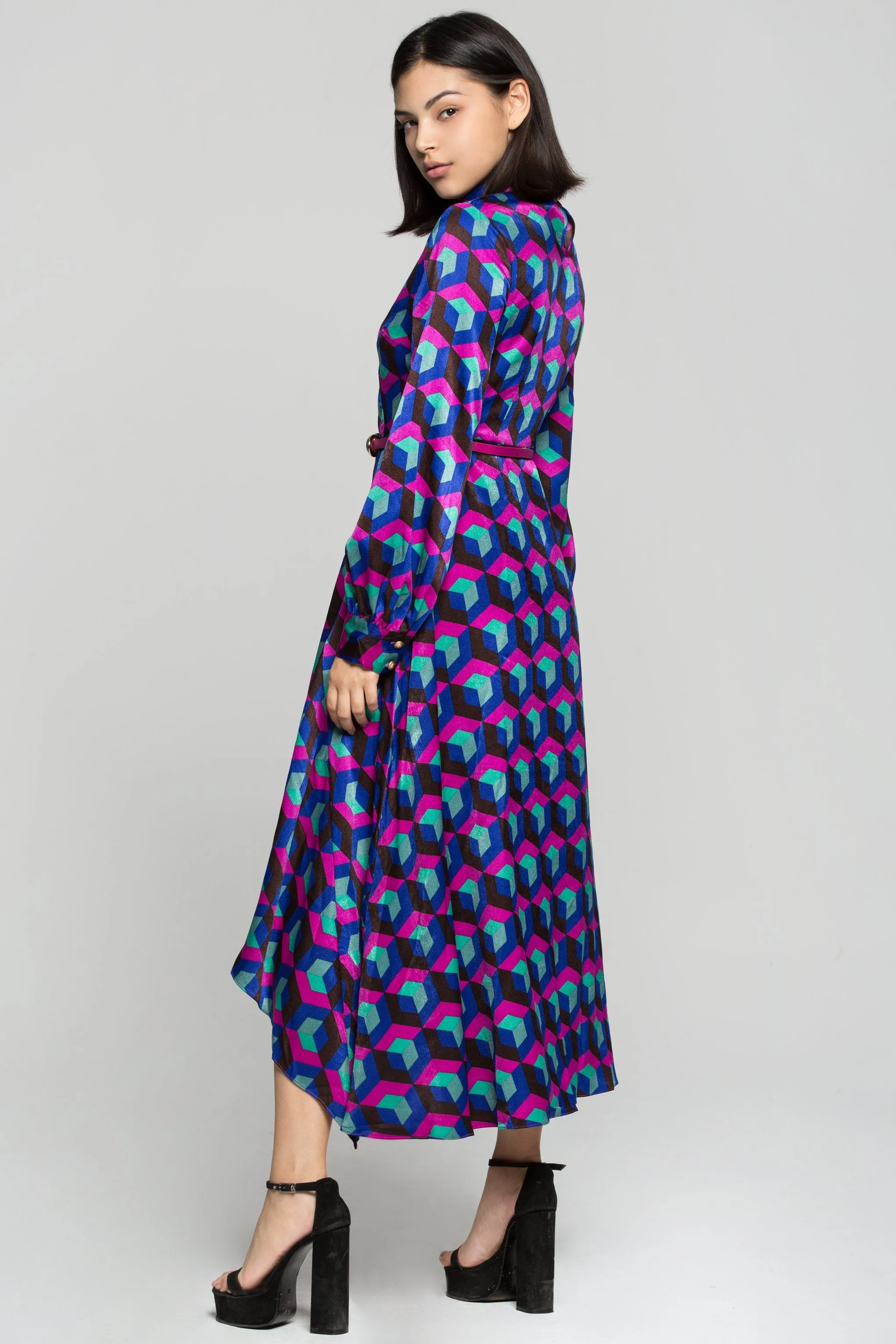 Multi Colored Cubic Print Maxi Dress with Belt