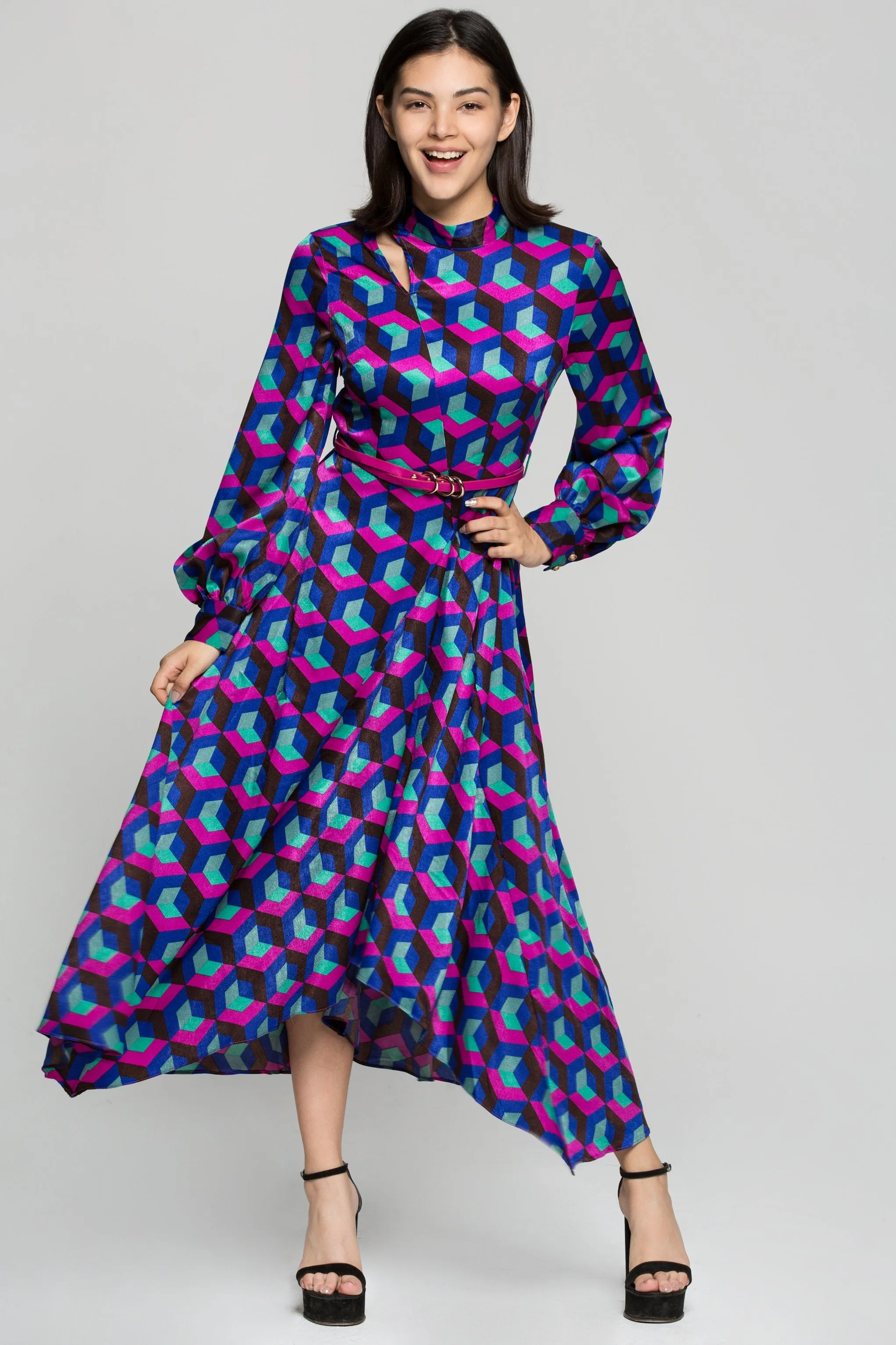 Multi Colored Cubic Print Maxi Dress with Belt