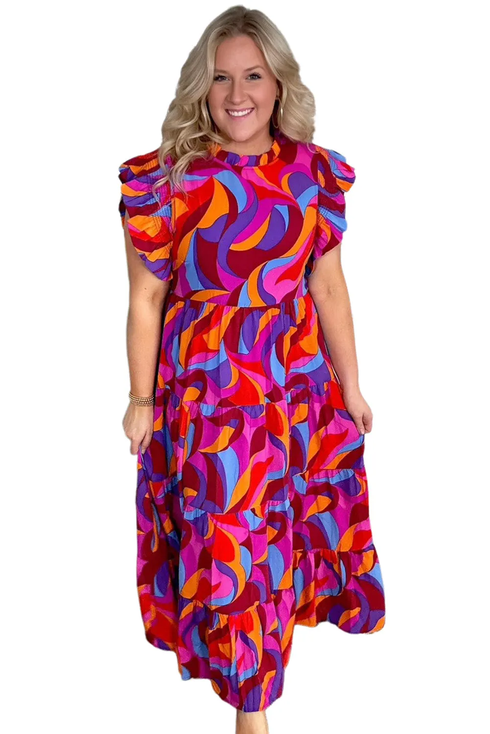 Multicolour Plus Abstract Print Frill Mock Neck Tiered Maxi Dress