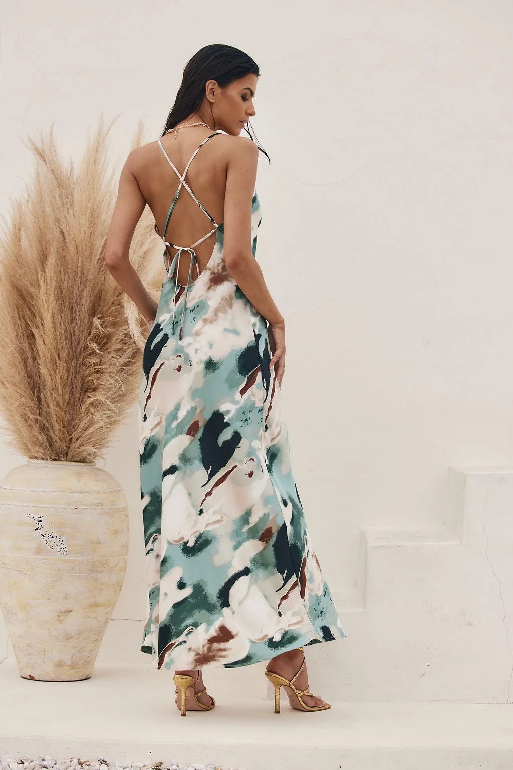 Natalia Watercolor Satin Maxi Dress