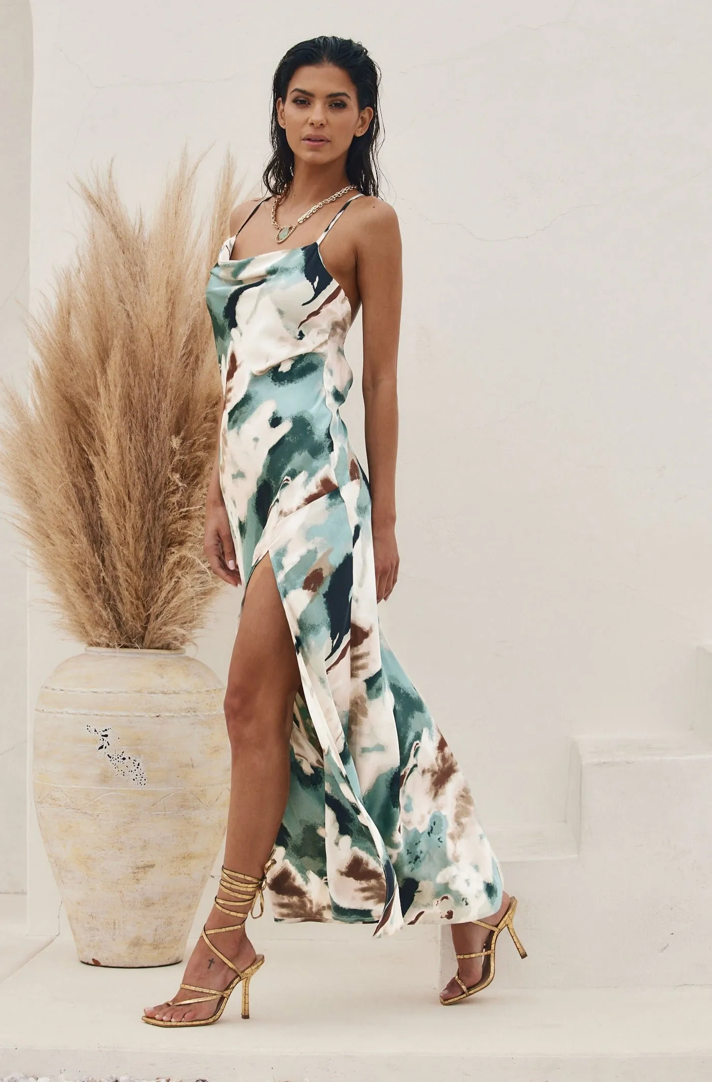 Natalia Watercolor Satin Maxi Dress