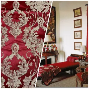 NEW Lord Tustin Designer Medallion Satin Drapery Upholstery Fabric - Dark Red