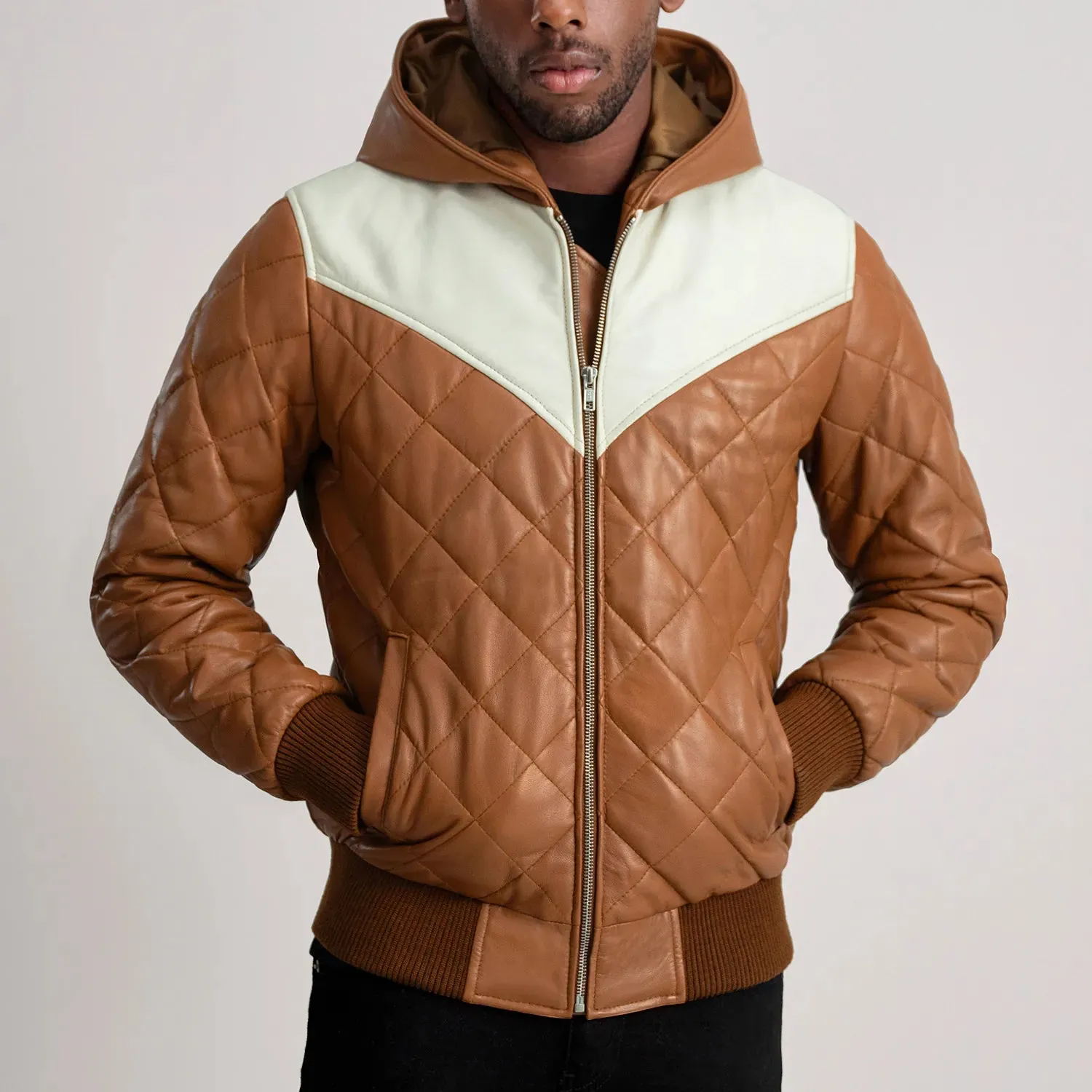 Norman Tan Hooded Bomber Leather Puffer Jacket