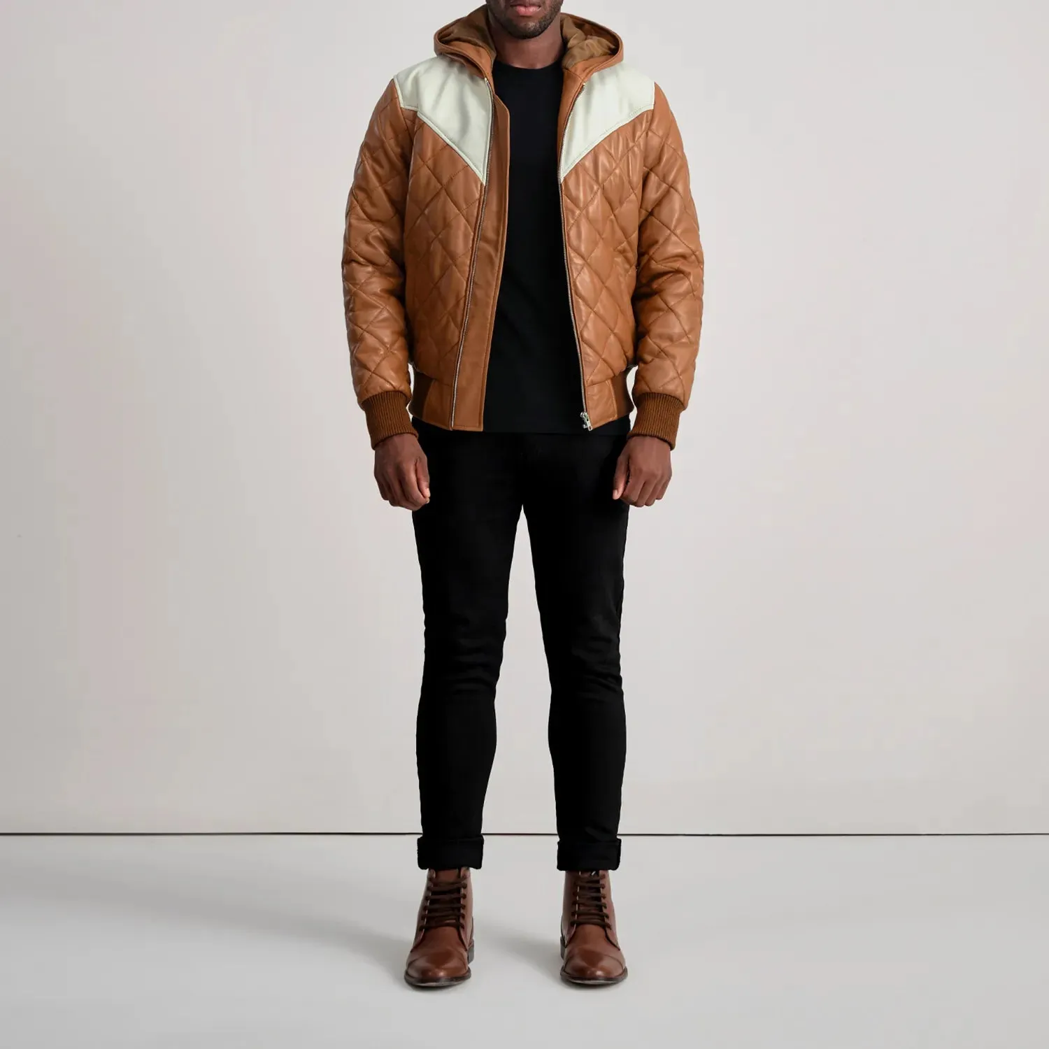 Norman Tan Hooded Bomber Leather Puffer Jacket