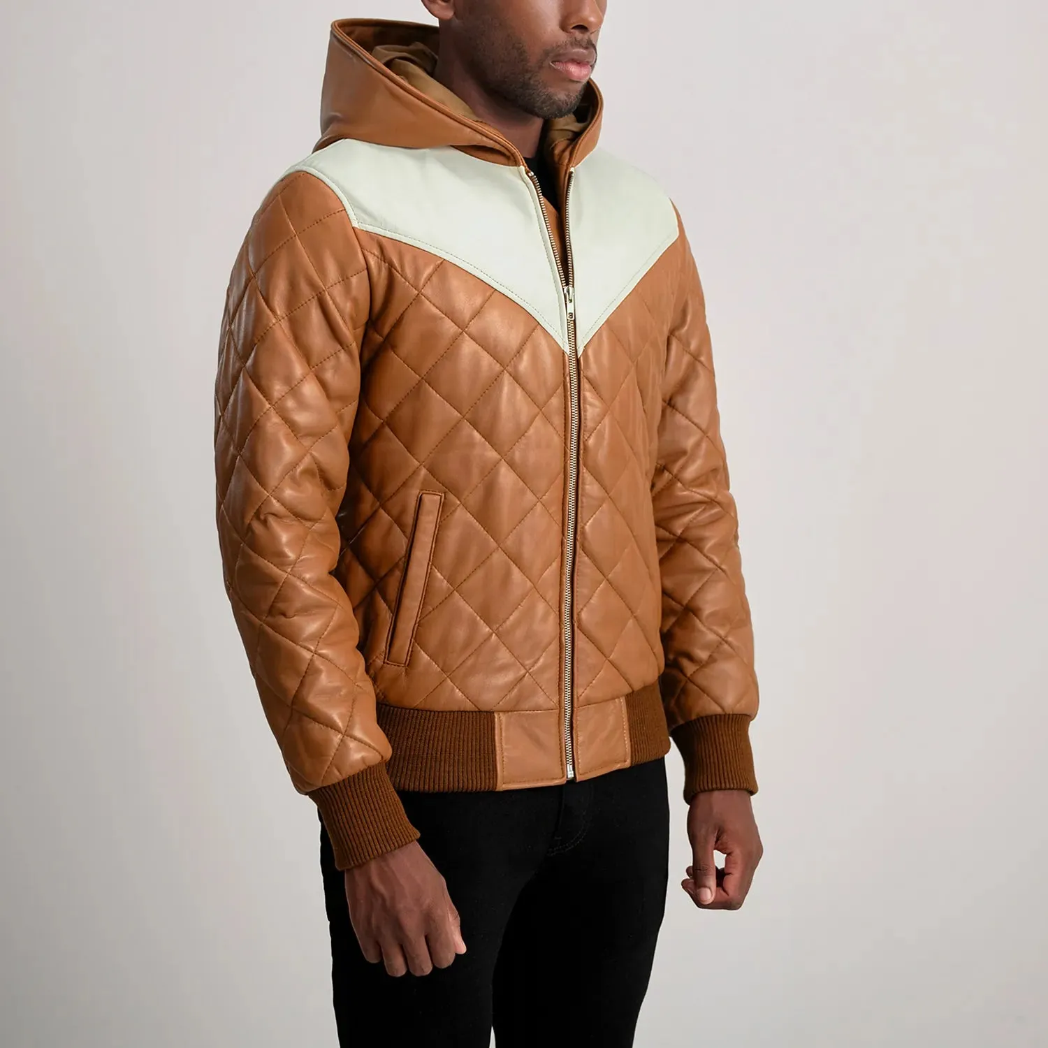 Norman Tan Hooded Bomber Leather Puffer Jacket