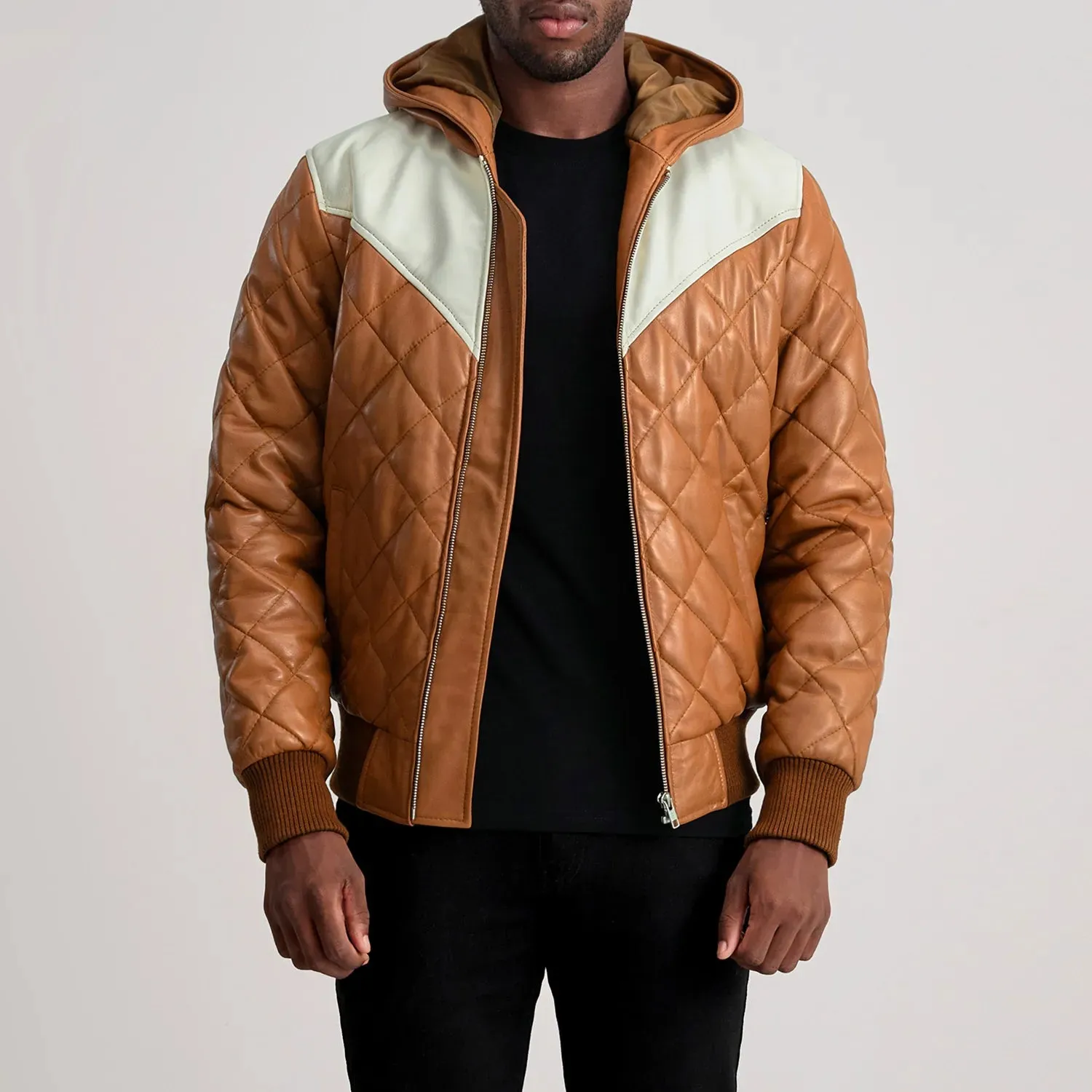 Norman Tan Hooded Bomber Leather Puffer Jacket