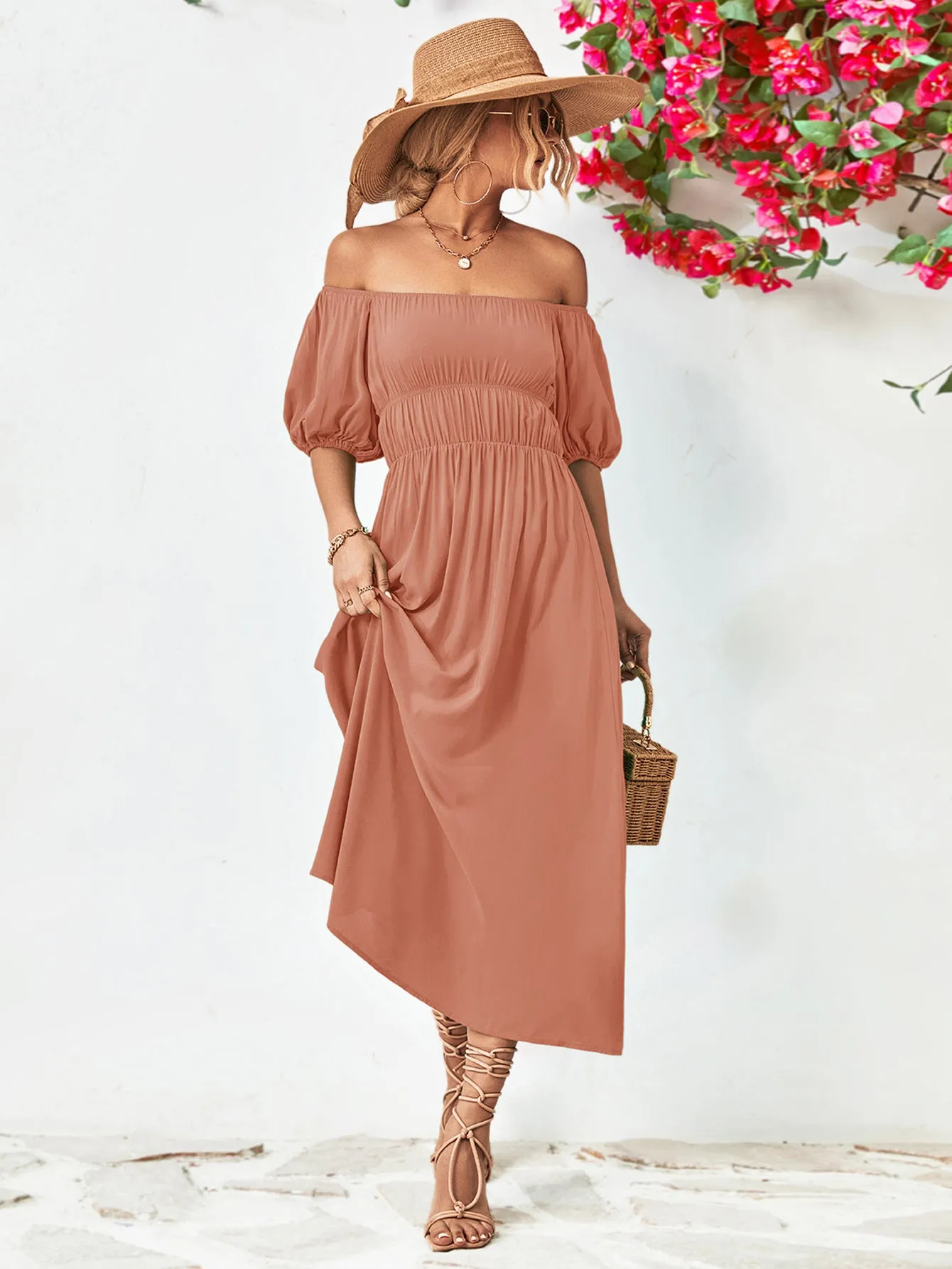 Off-Shoulder Balloon Sleeve Midi Dress - colors