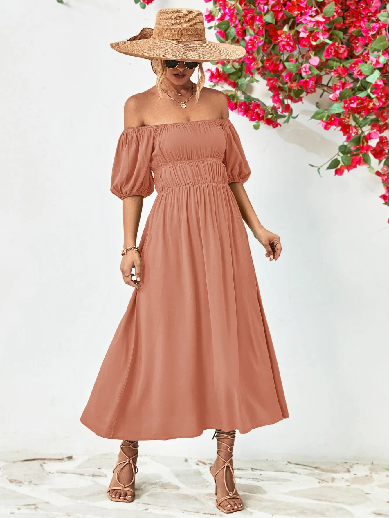 Off-Shoulder Balloon Sleeve Midi Dress - colors