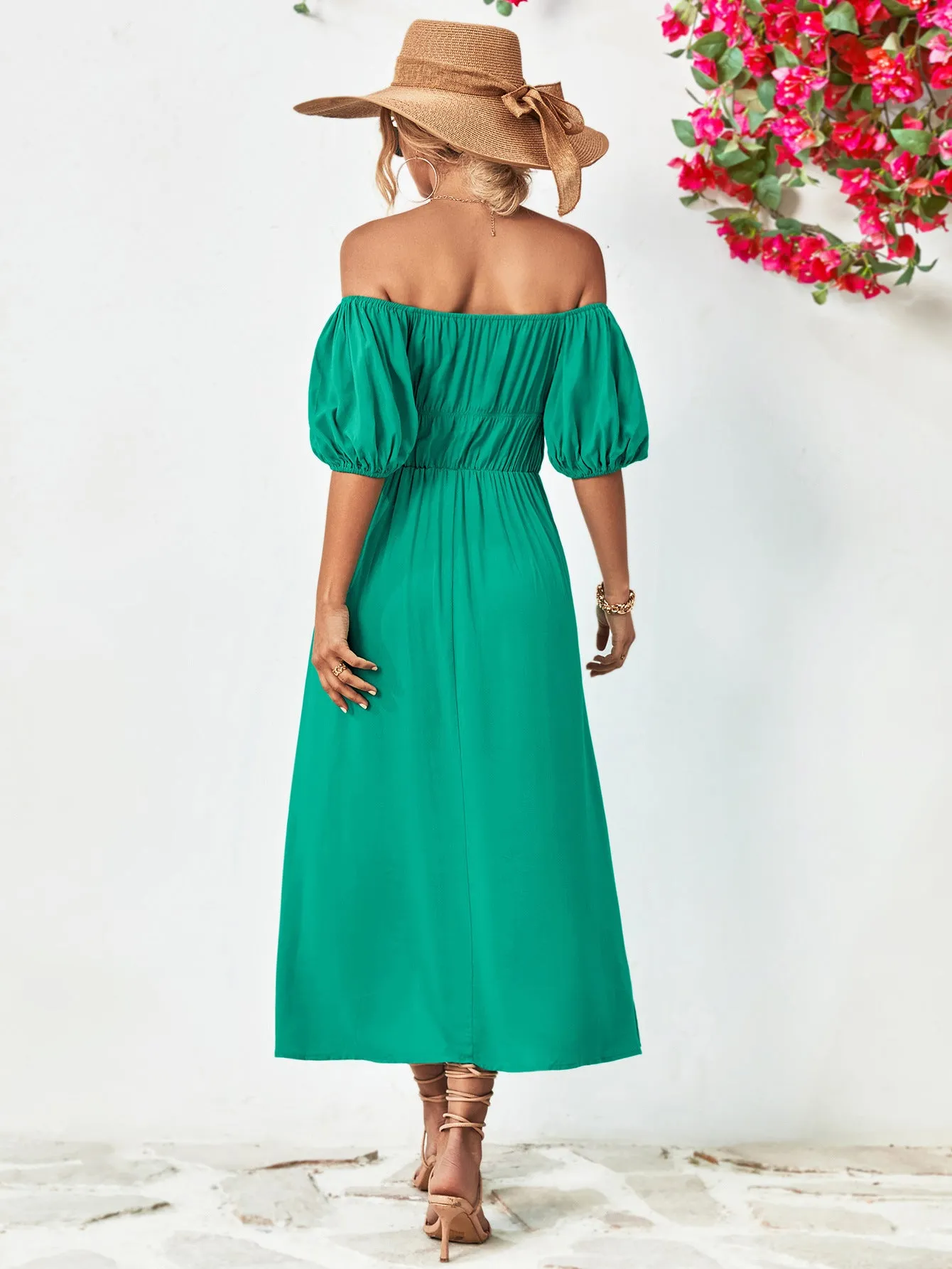 Off-Shoulder Balloon Sleeve Midi Dress - colors