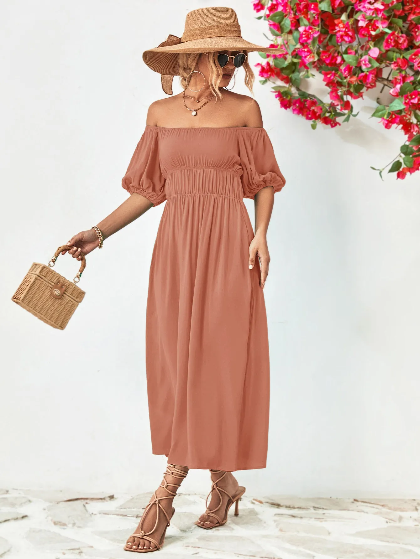 Off-Shoulder Balloon Sleeve Midi Dress - colors