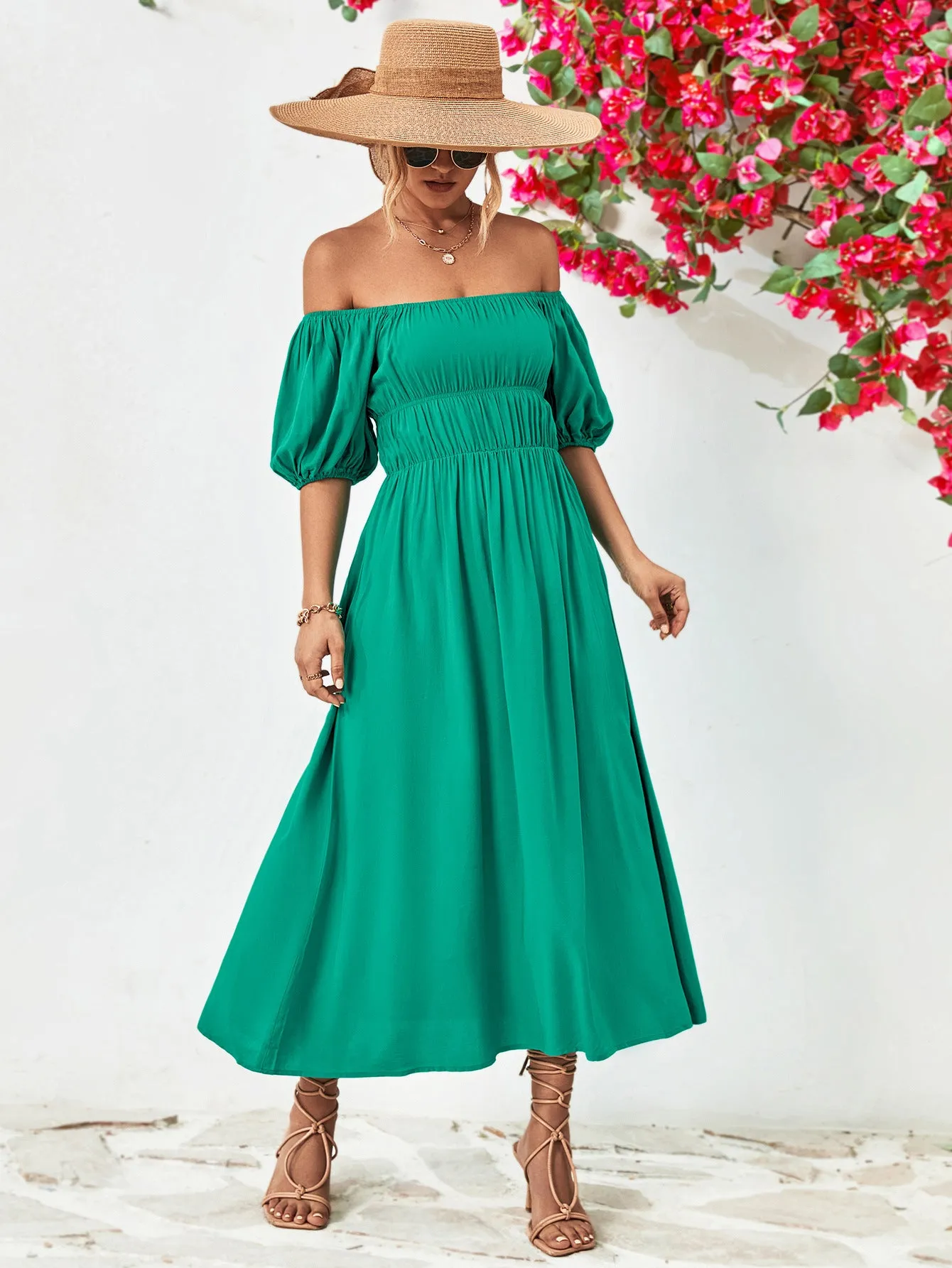 Off-Shoulder Balloon Sleeve Midi Dress - colors