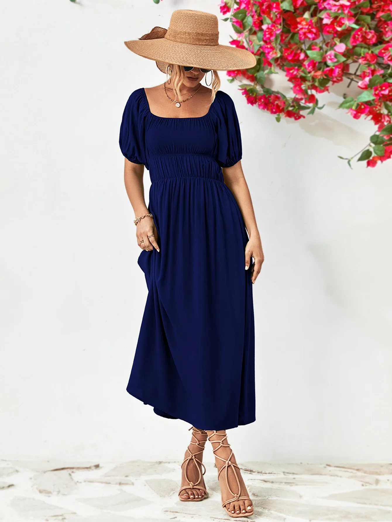 Off-Shoulder Balloon Sleeve Midi Dress - colors