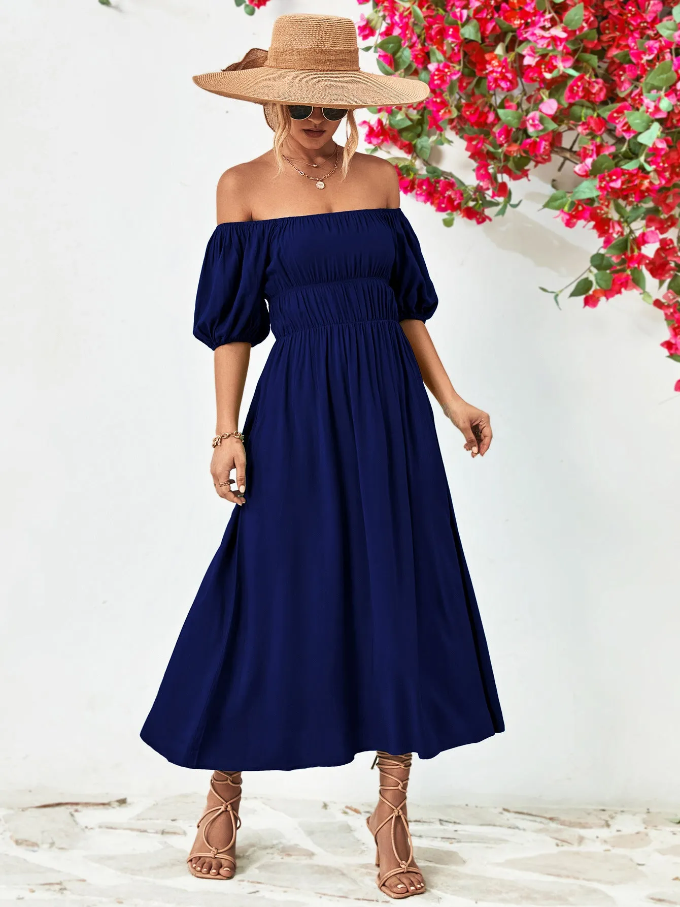 Off-Shoulder Balloon Sleeve Midi Dress - colors