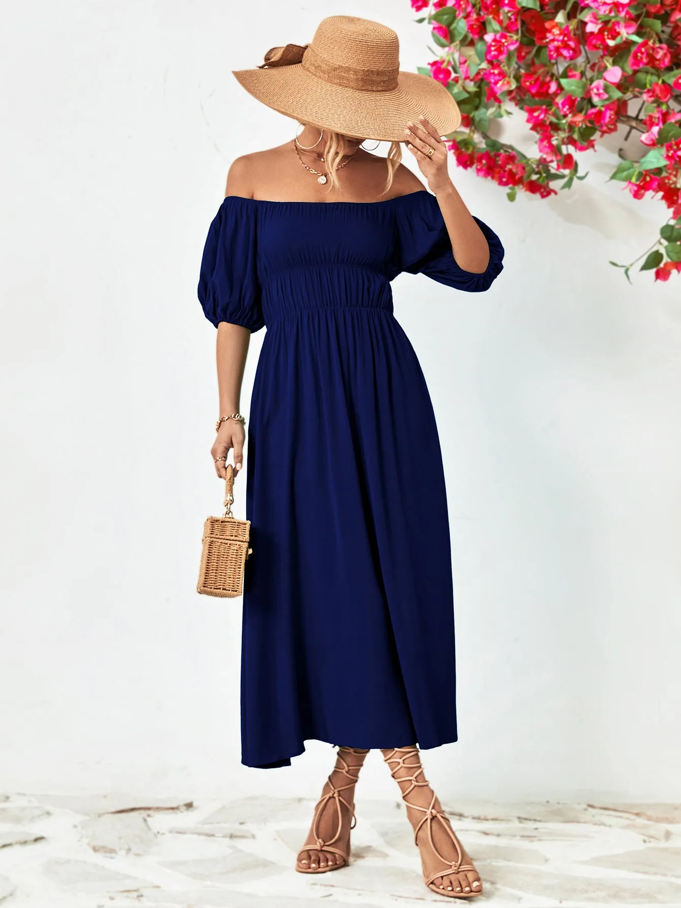 Off-Shoulder Balloon Sleeve Midi Dress - colors