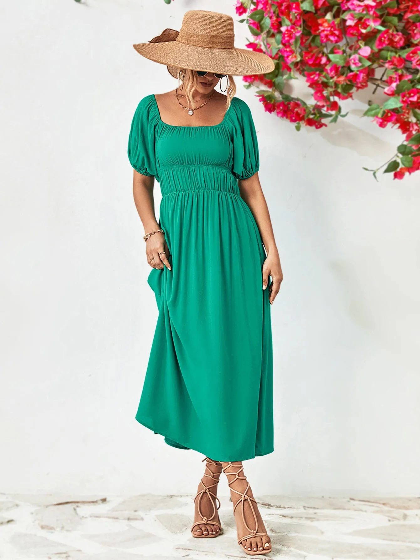 Off-Shoulder Balloon Sleeve Midi Dress - colors