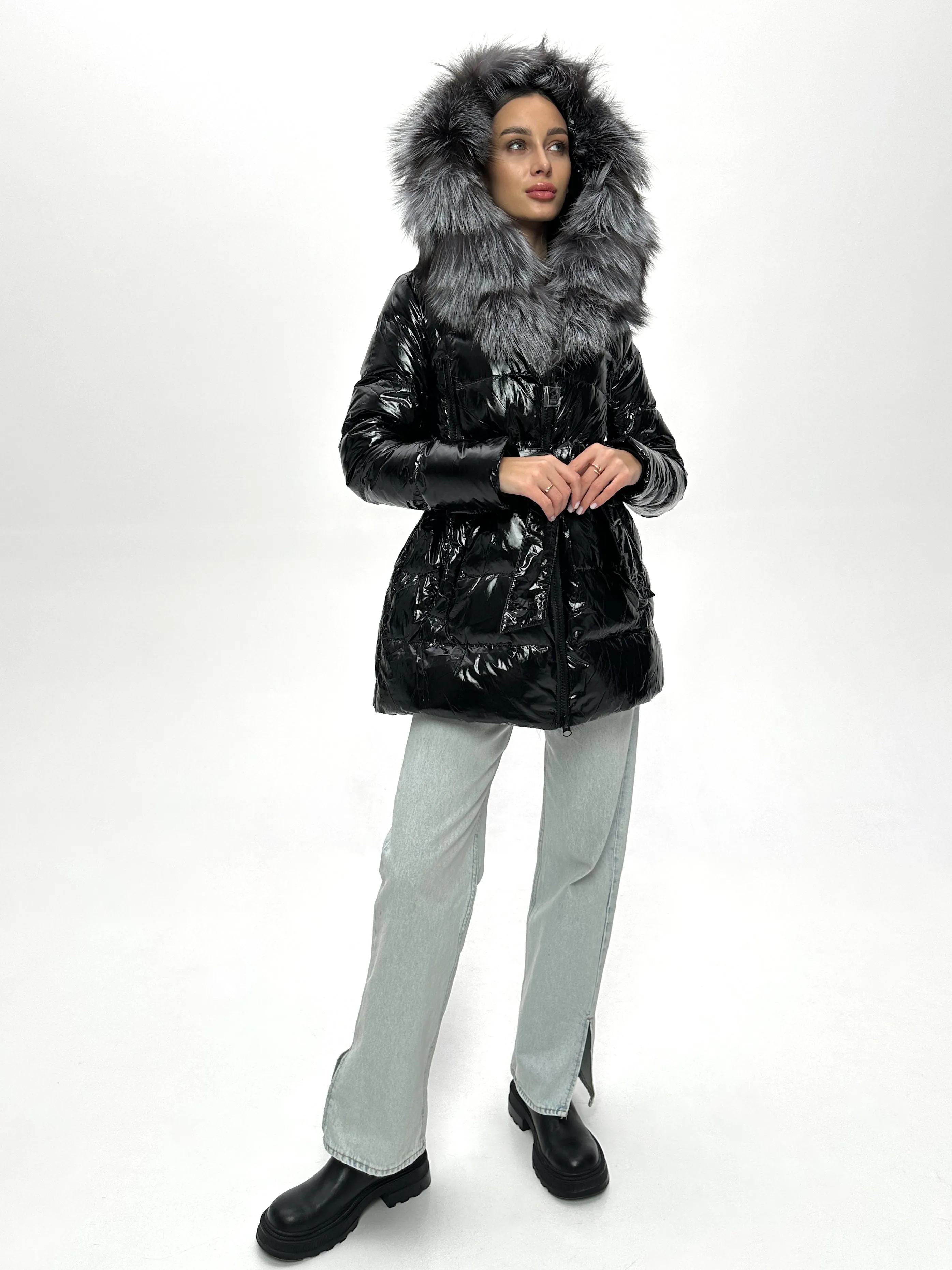 Onyx Genuine Silver Fox Fur Down Parka 85cm