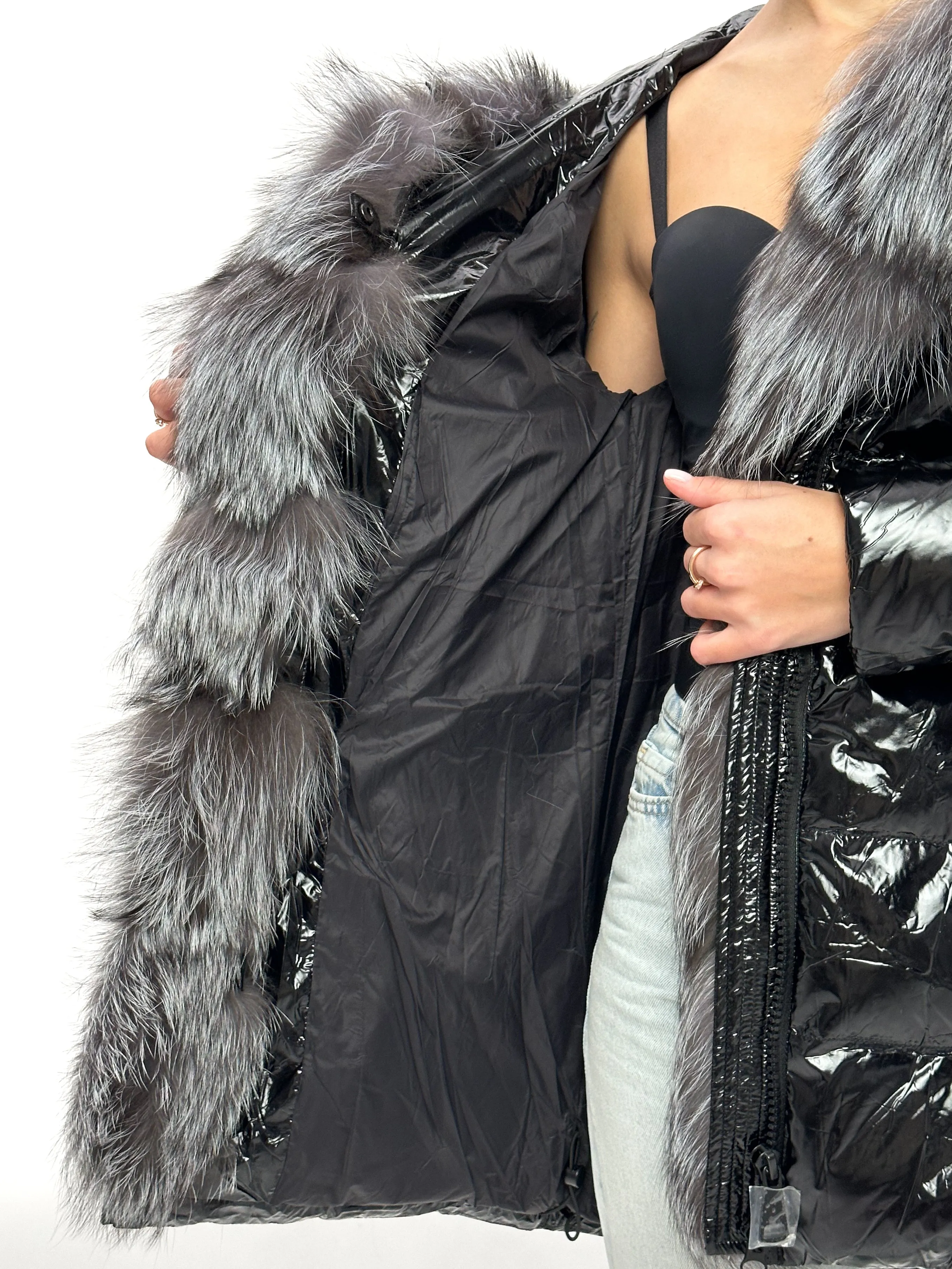 Onyx Genuine Silver Fox Fur Down Parka 85cm