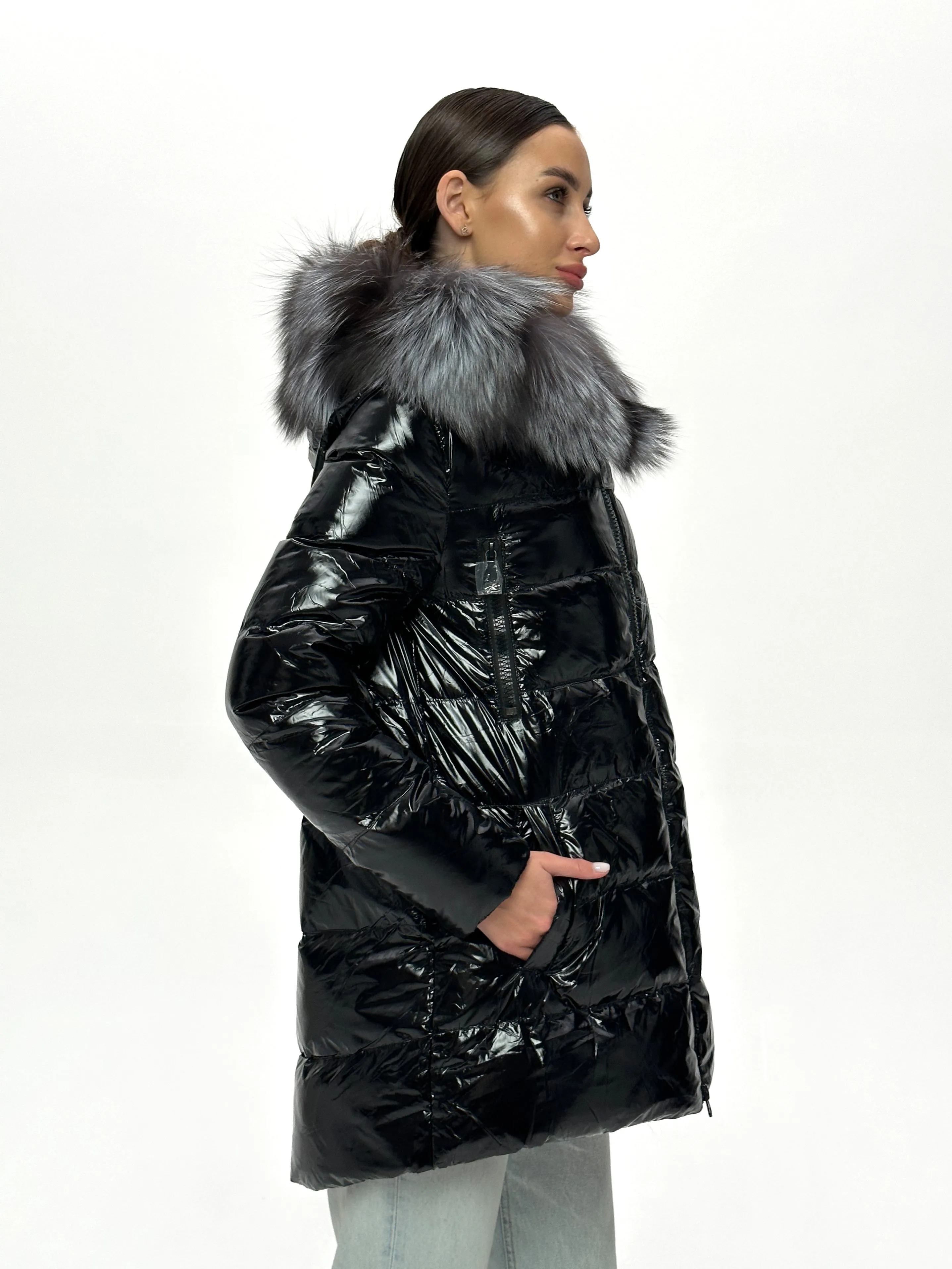 Onyx Genuine Silver Fox Fur Down Parka 85cm