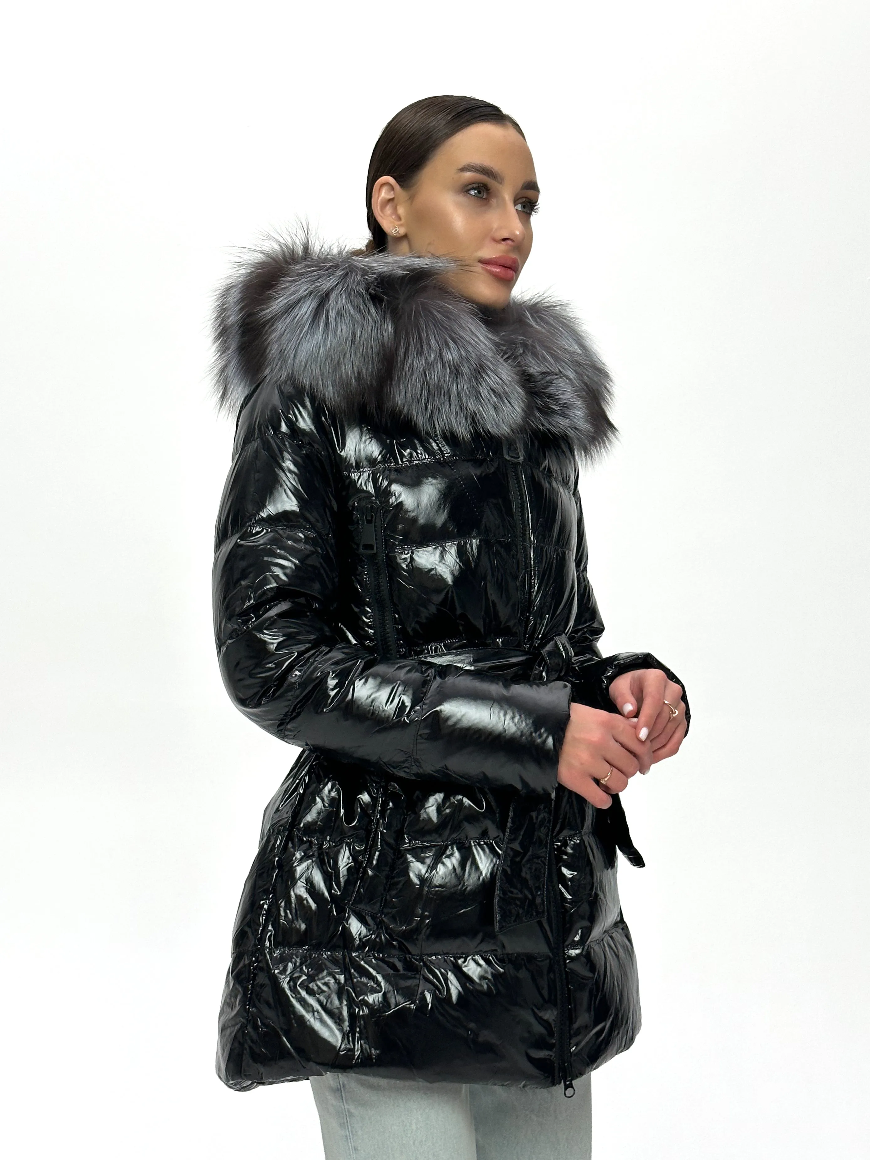 Onyx Genuine Silver Fox Fur Down Parka 85cm