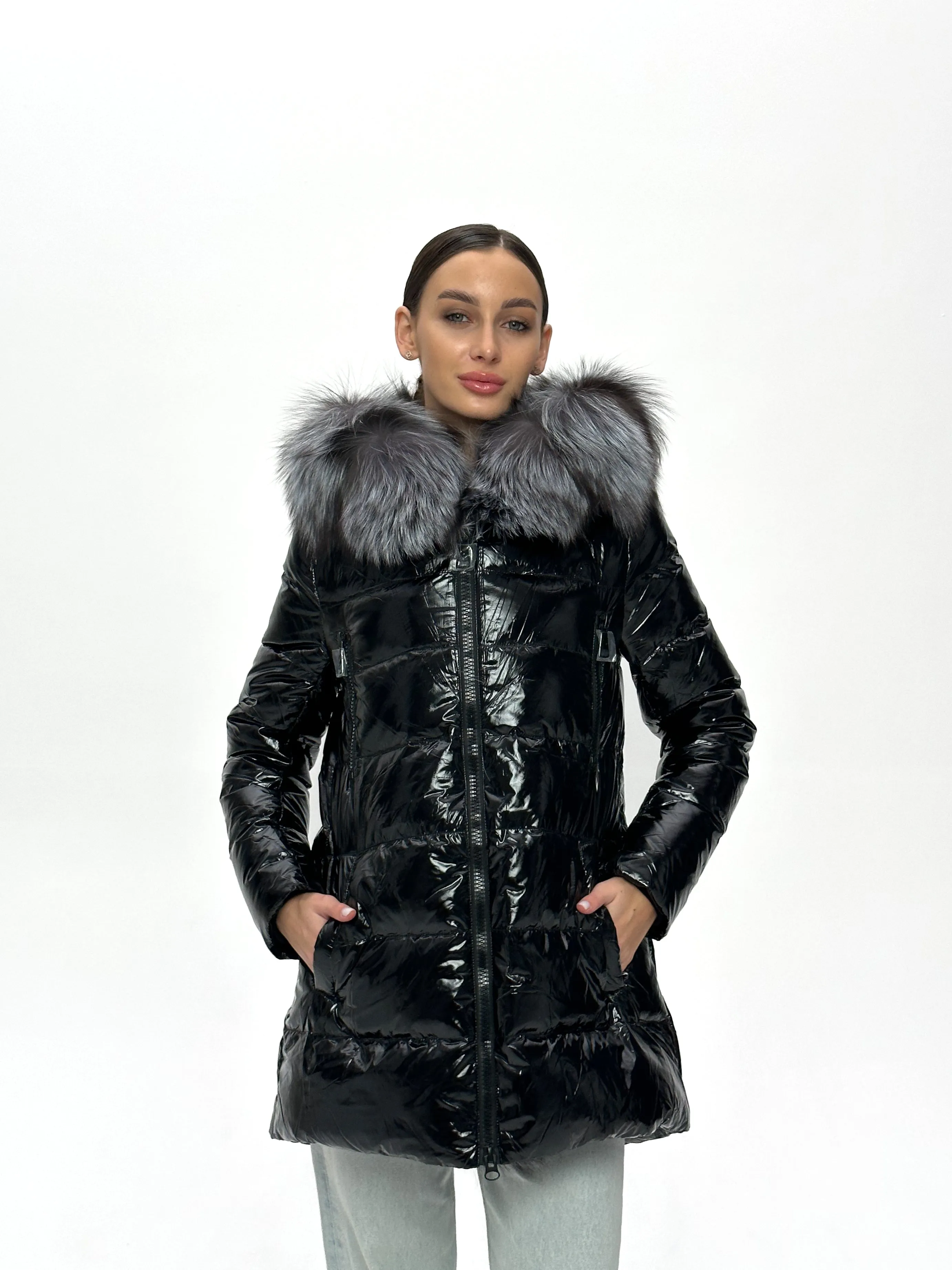 Onyx Genuine Silver Fox Fur Down Parka 85cm