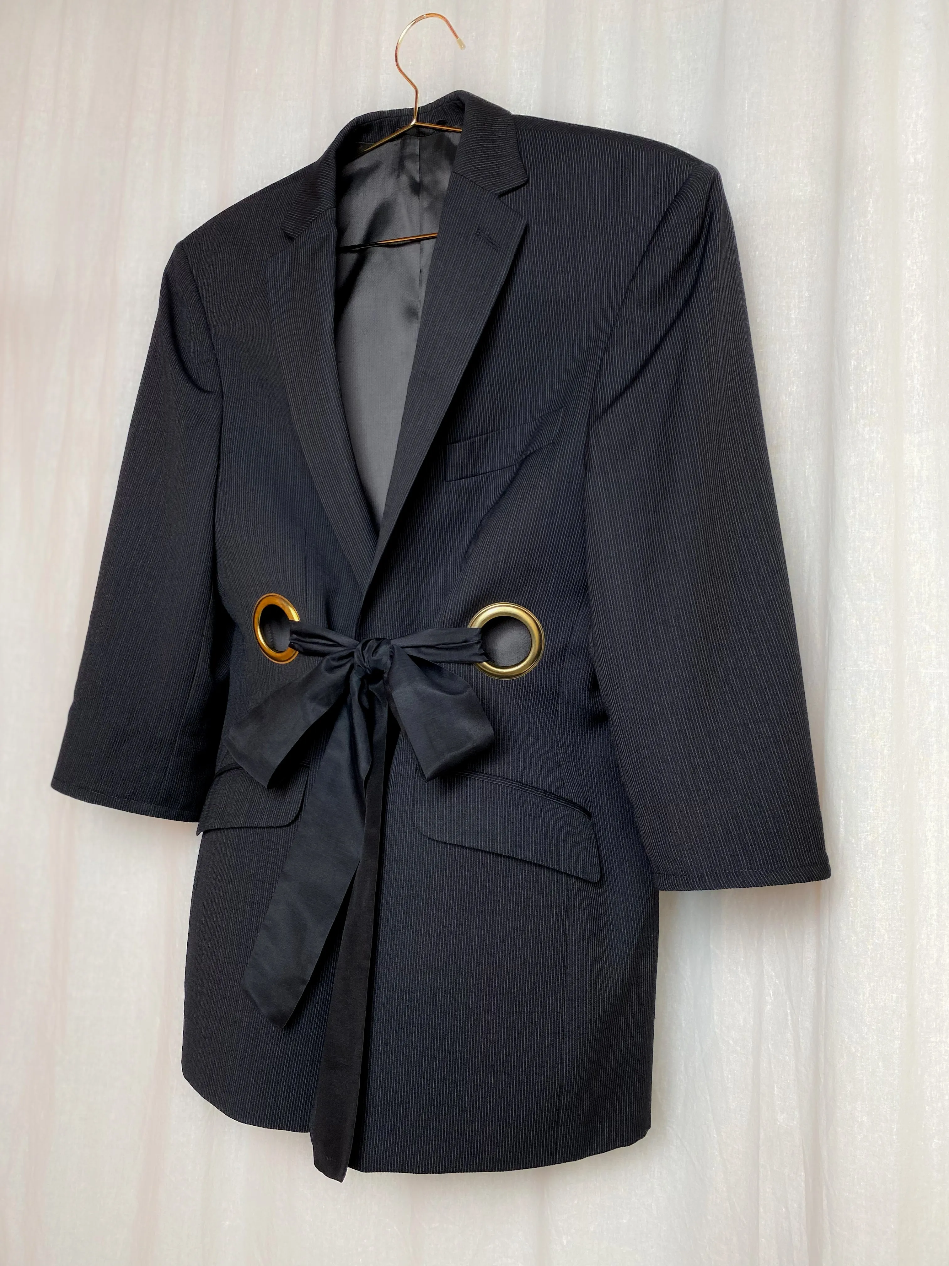 OUT OF OFFICE SUIT JACKET [ Wool, Black Pinstripe Tie Blazer, Gold Eyelets, Up To Size Medium ]