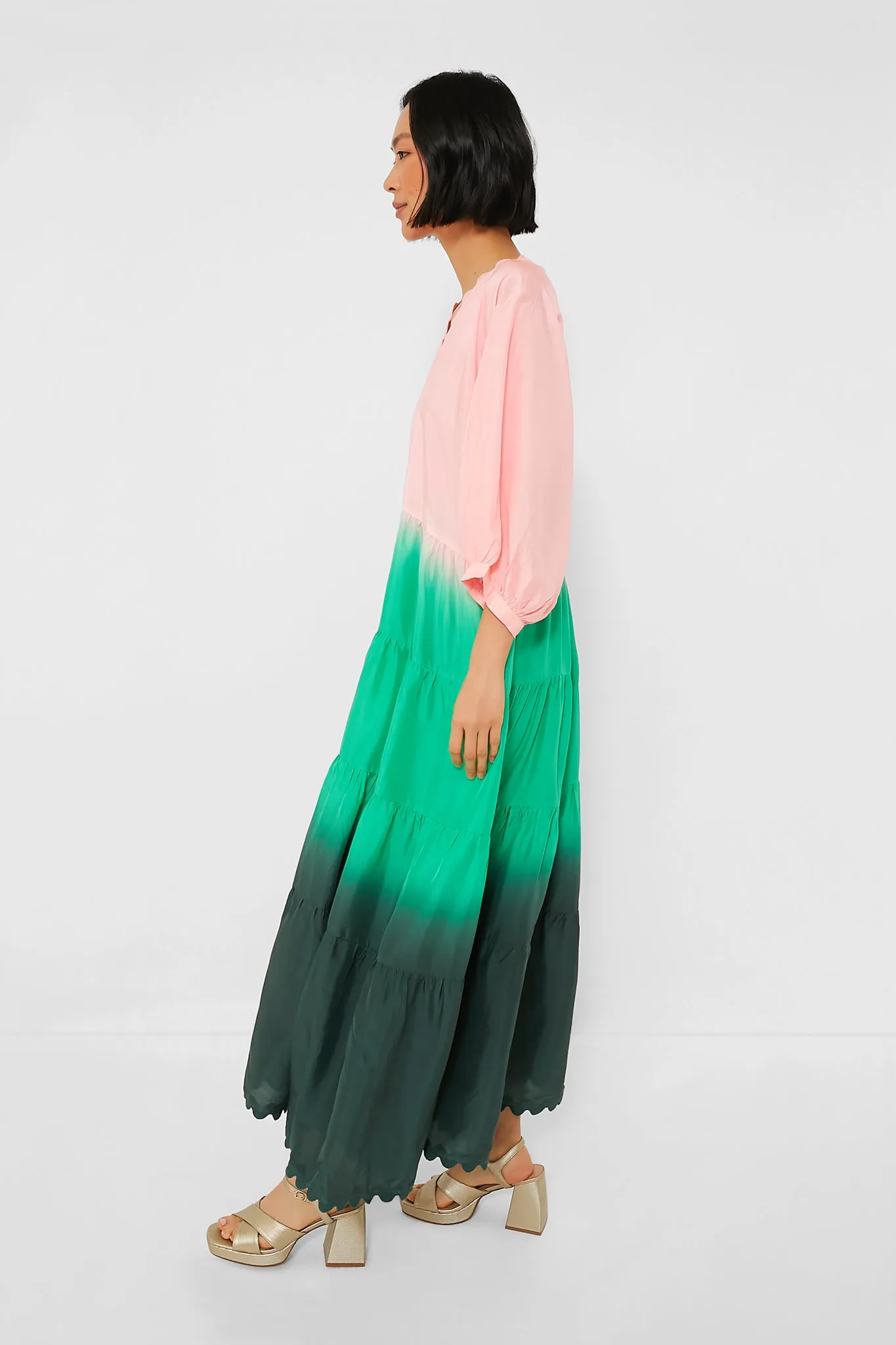 Peach and Emerald Bottle Green Ombre V-Neck Loose Maxi Dress with Ric Rac Trim