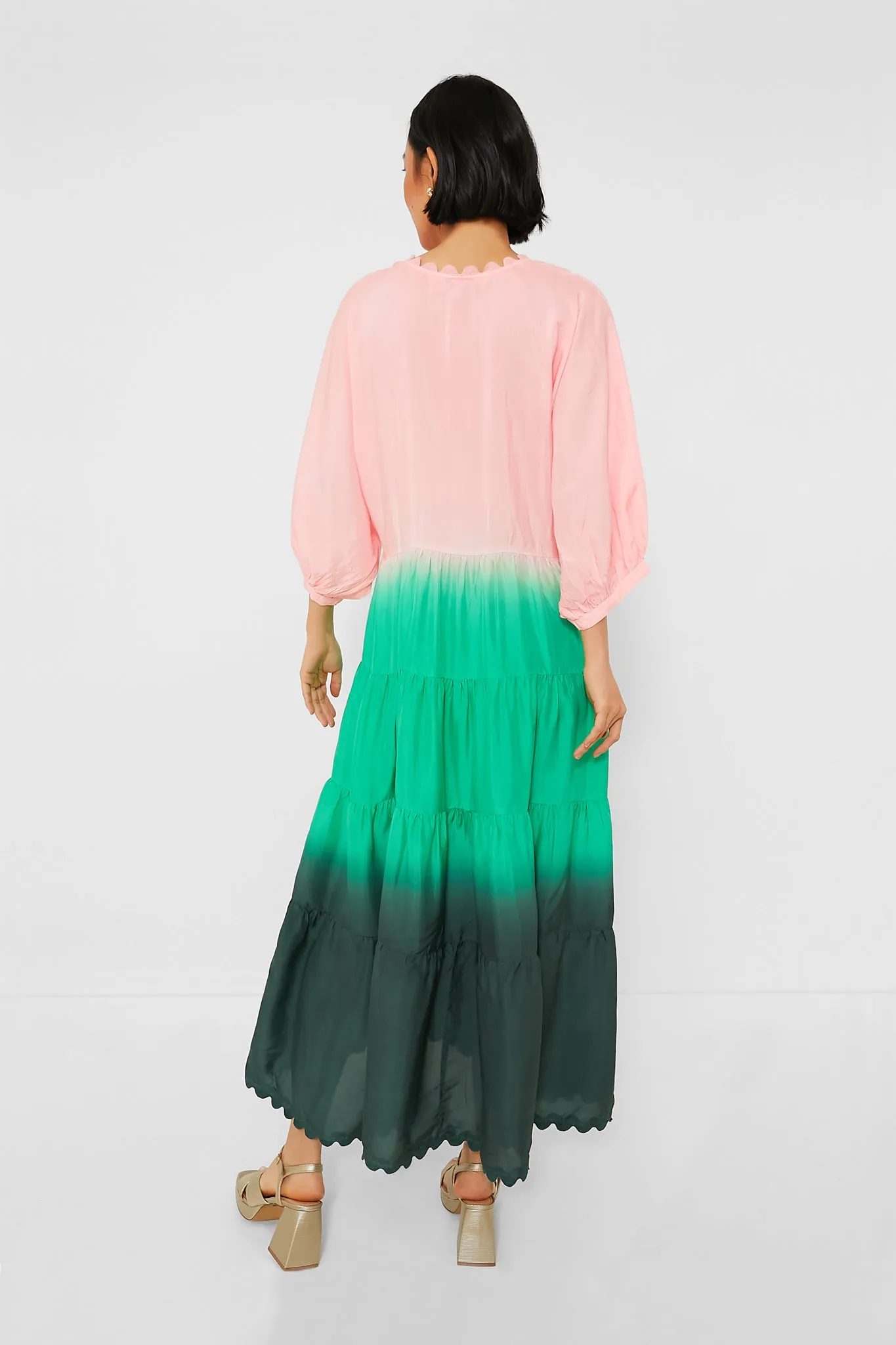 Peach and Emerald Bottle Green Ombre V-Neck Loose Maxi Dress with Ric Rac Trim