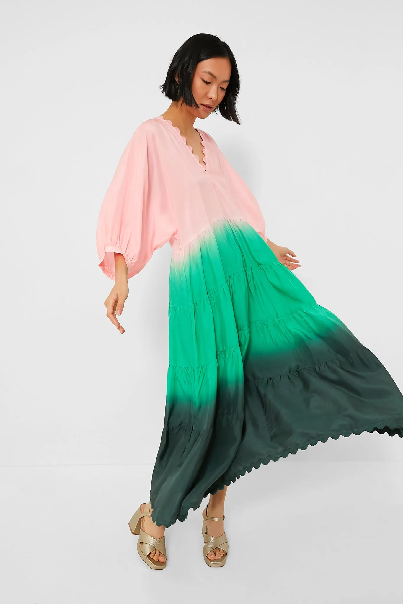 Peach and Emerald Bottle Green Ombre V-Neck Loose Maxi Dress with Ric Rac Trim