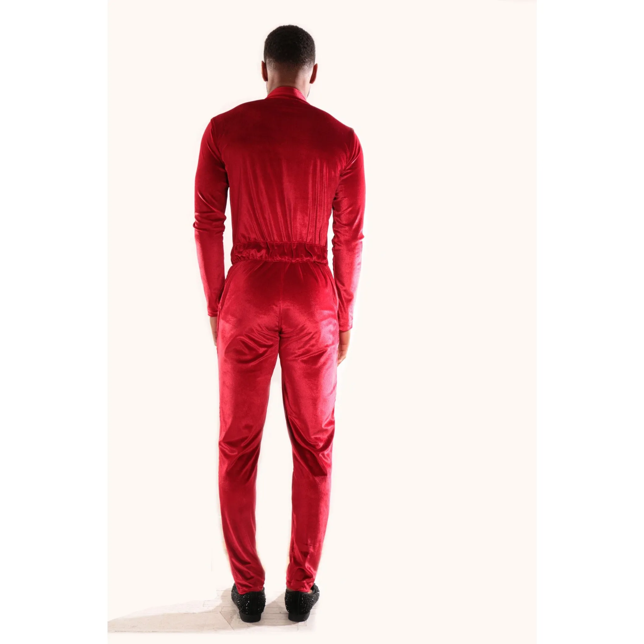 Red Velvet jumpsuit with deep V