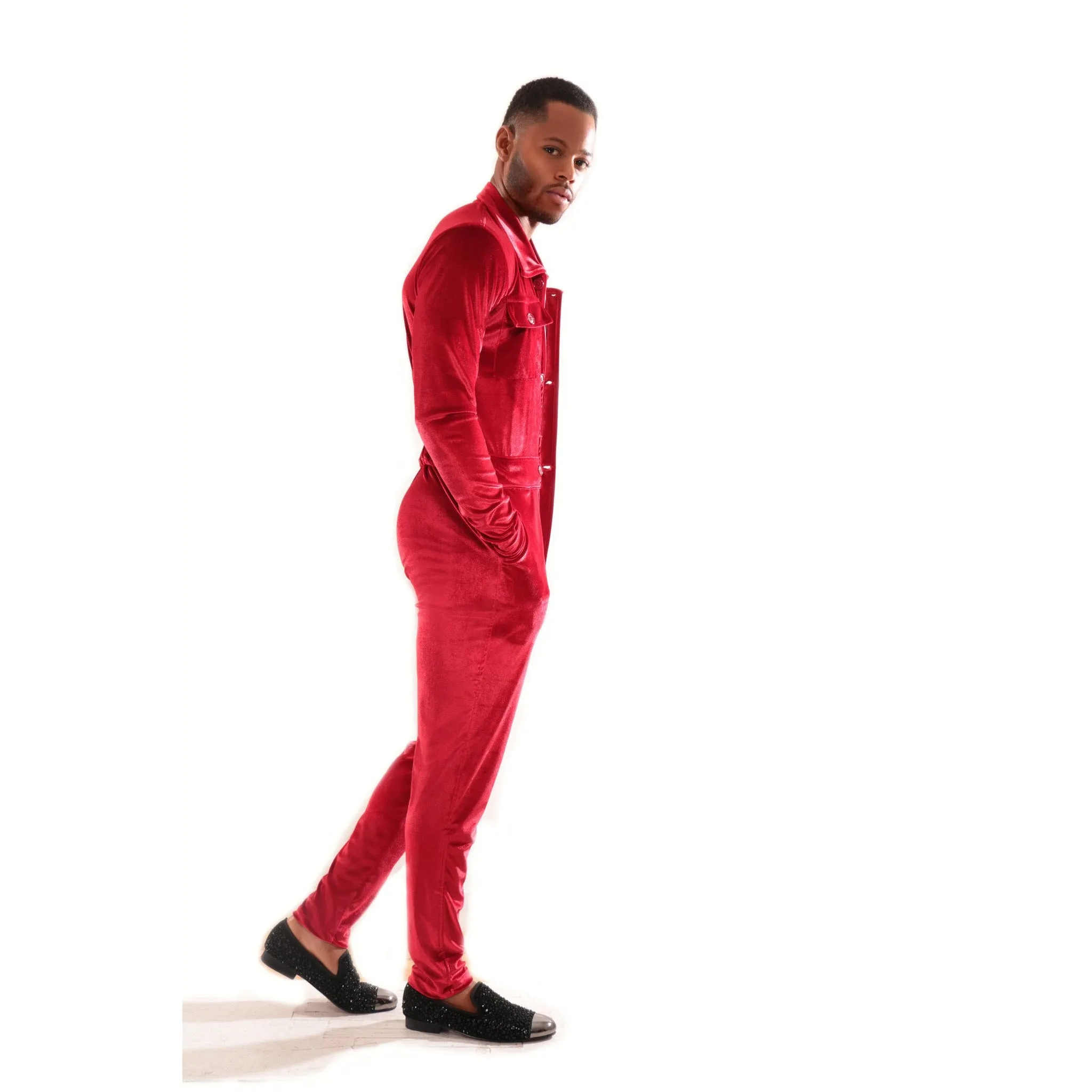 Red Velvet jumpsuit with deep V