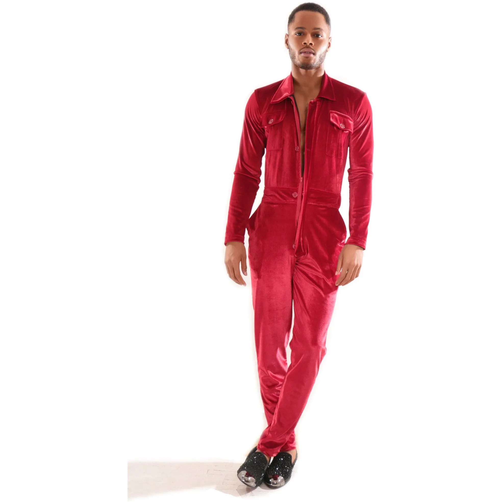 Red Velvet jumpsuit with deep V