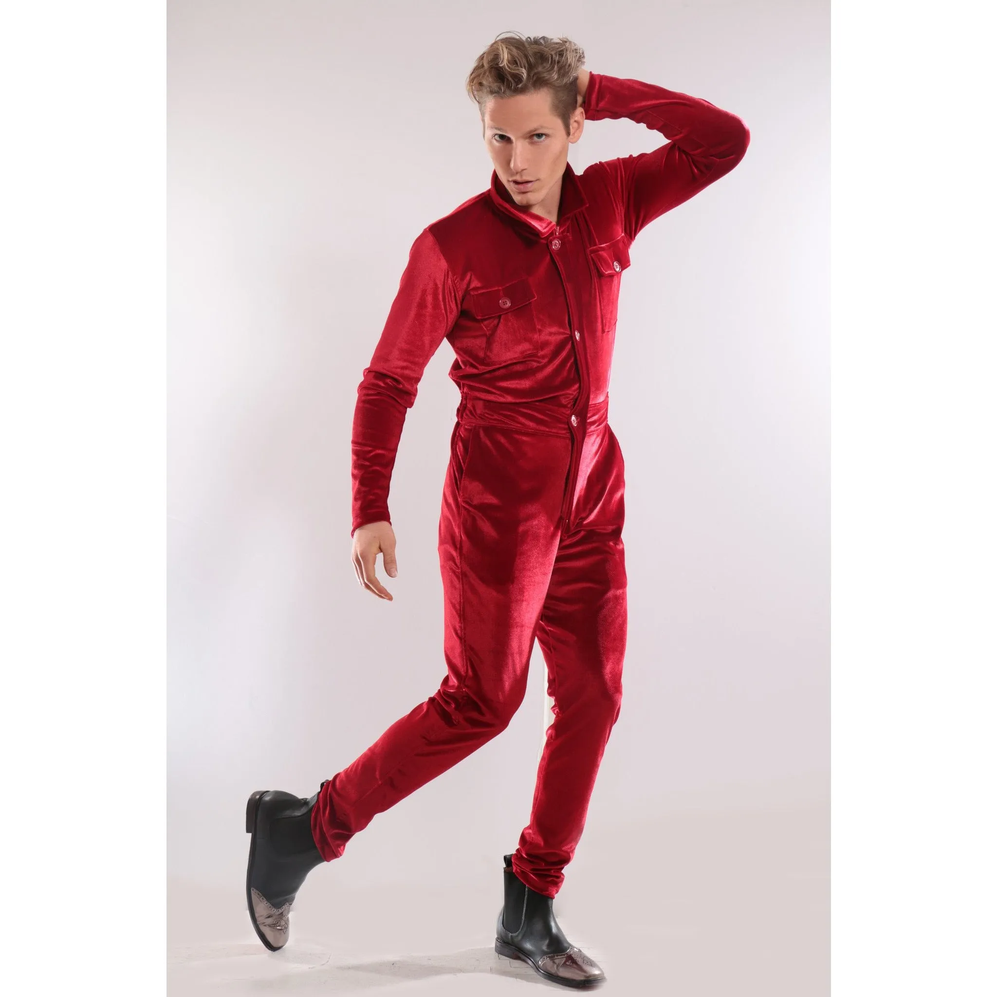 Red Velvet jumpsuit with deep V