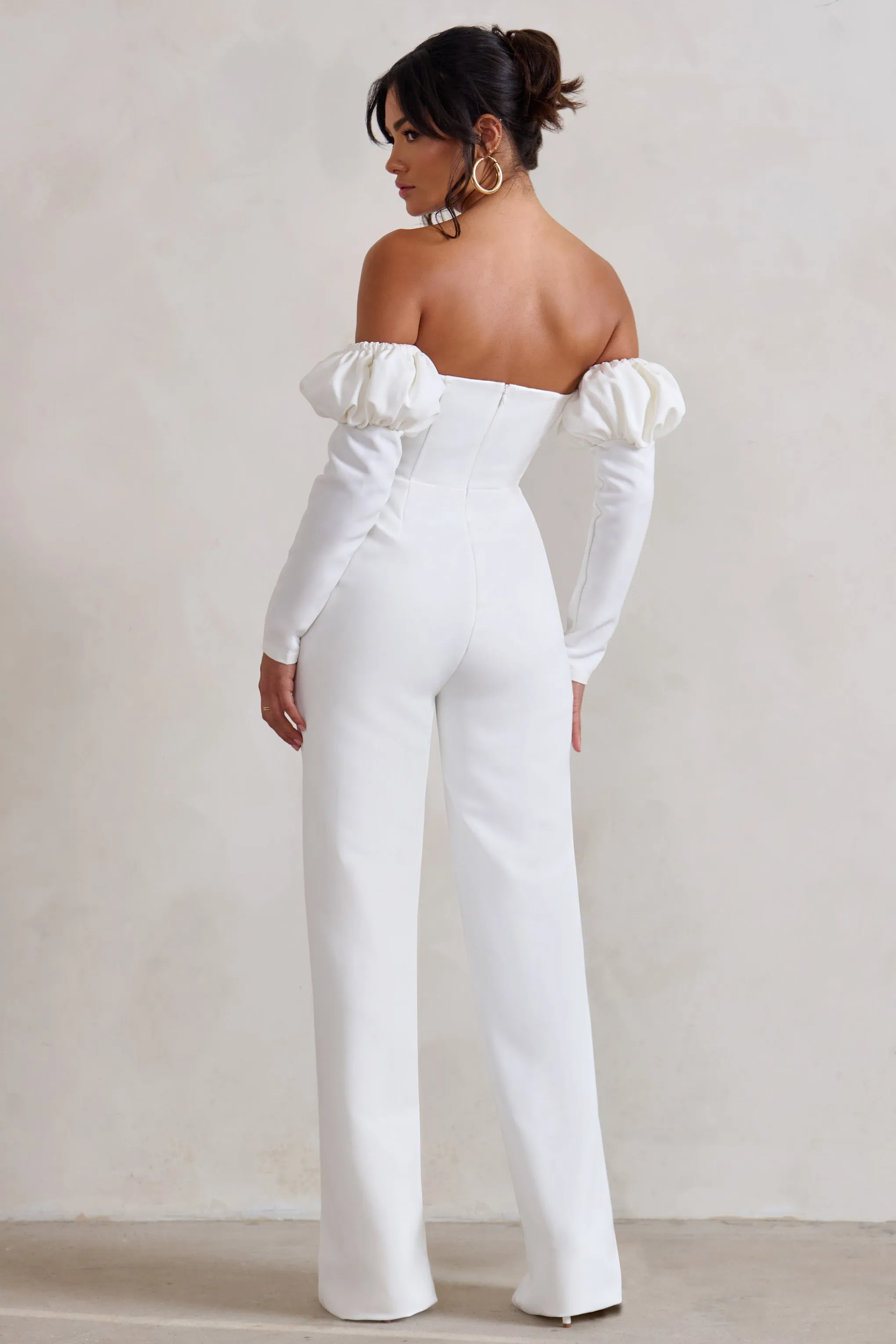 Reema | White Bardot Puff Long Sleeve Jumpsuit