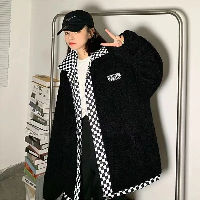 Reversible Checkerboard Lamb Niche Thickened Puffer Jacket