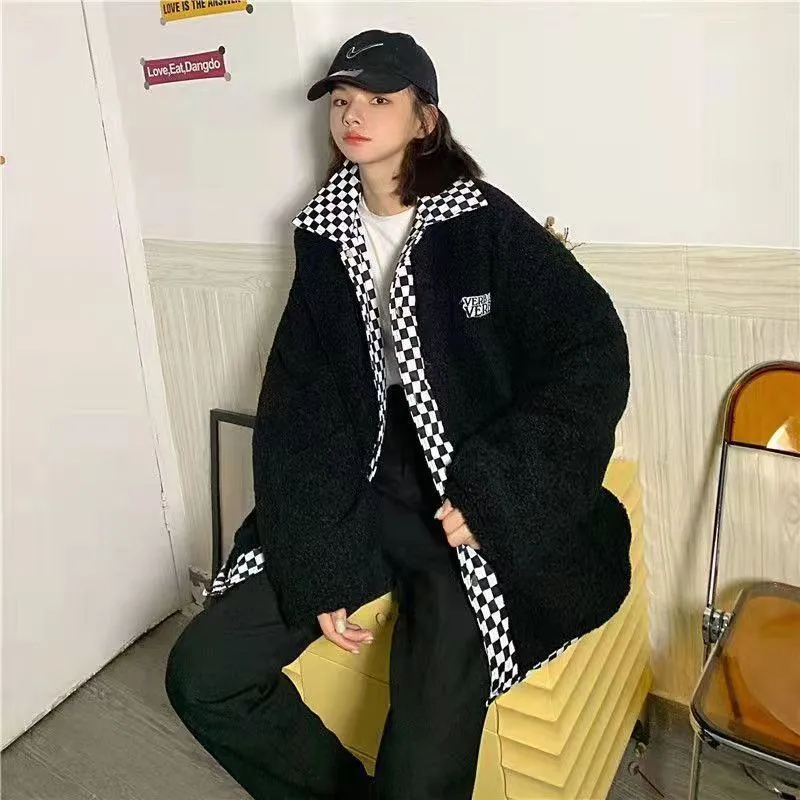 Reversible Checkerboard Lamb Niche Thickened Puffer Jacket