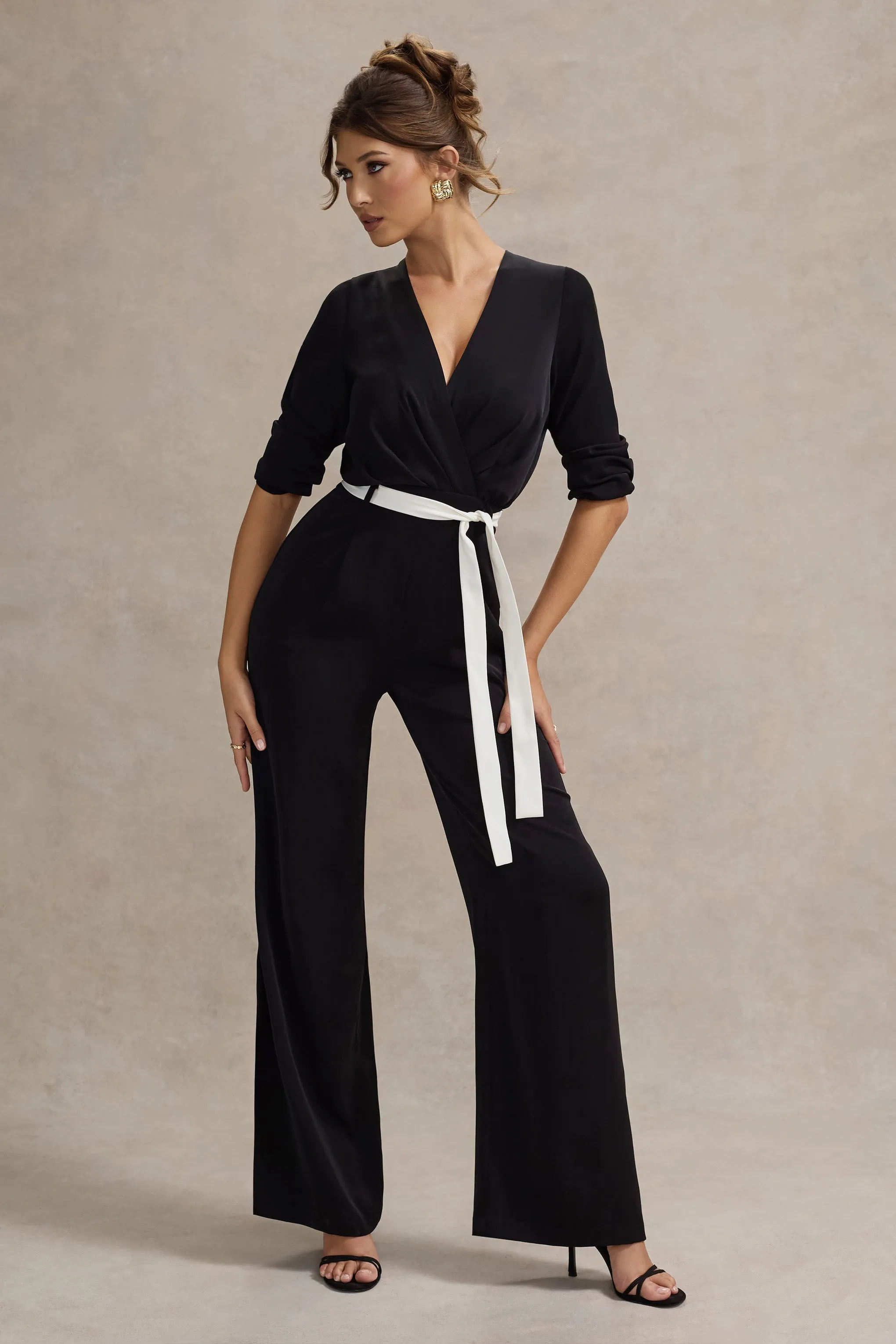 Ruba | Black Tailored Plunge Jumpsuit With Tie Waist