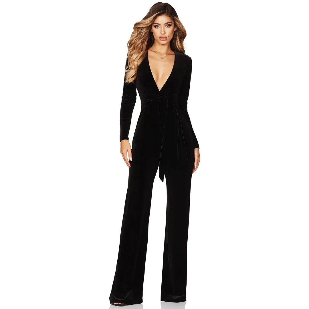 Sexy Plunge Neck Long Sleeve Tie Waist Wide Leg Velvet Jumpsuit - Black