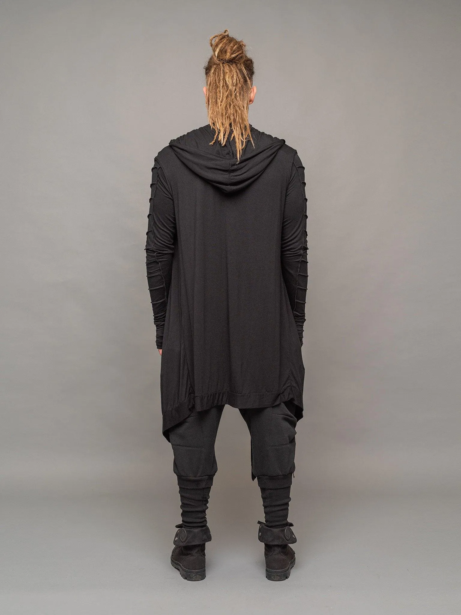 Shadow Men's Long Sleeveless Cardigan with Hood - Black