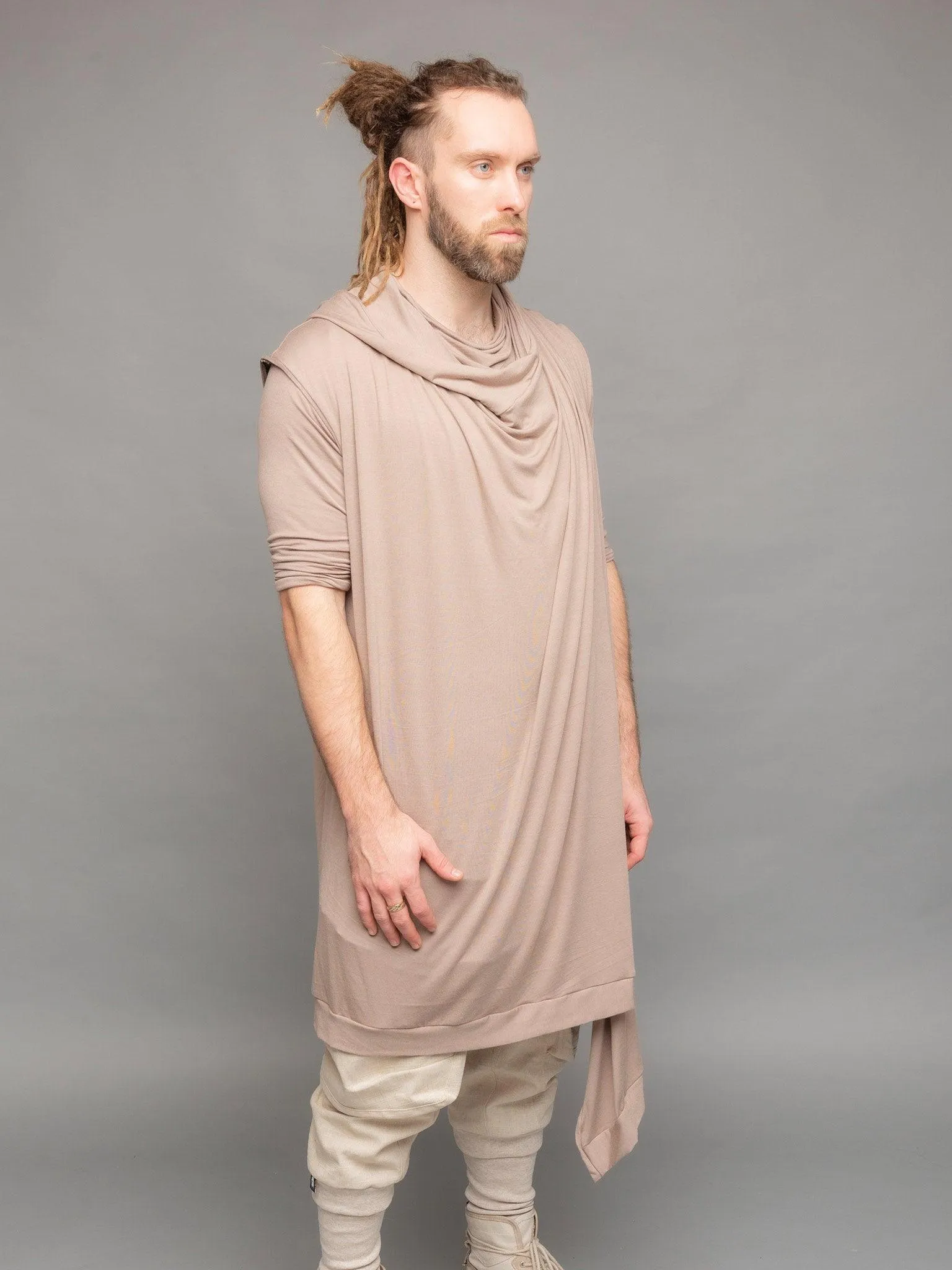 Shadow Men's Long Sleeveless Cardigan with Hood - Taupe