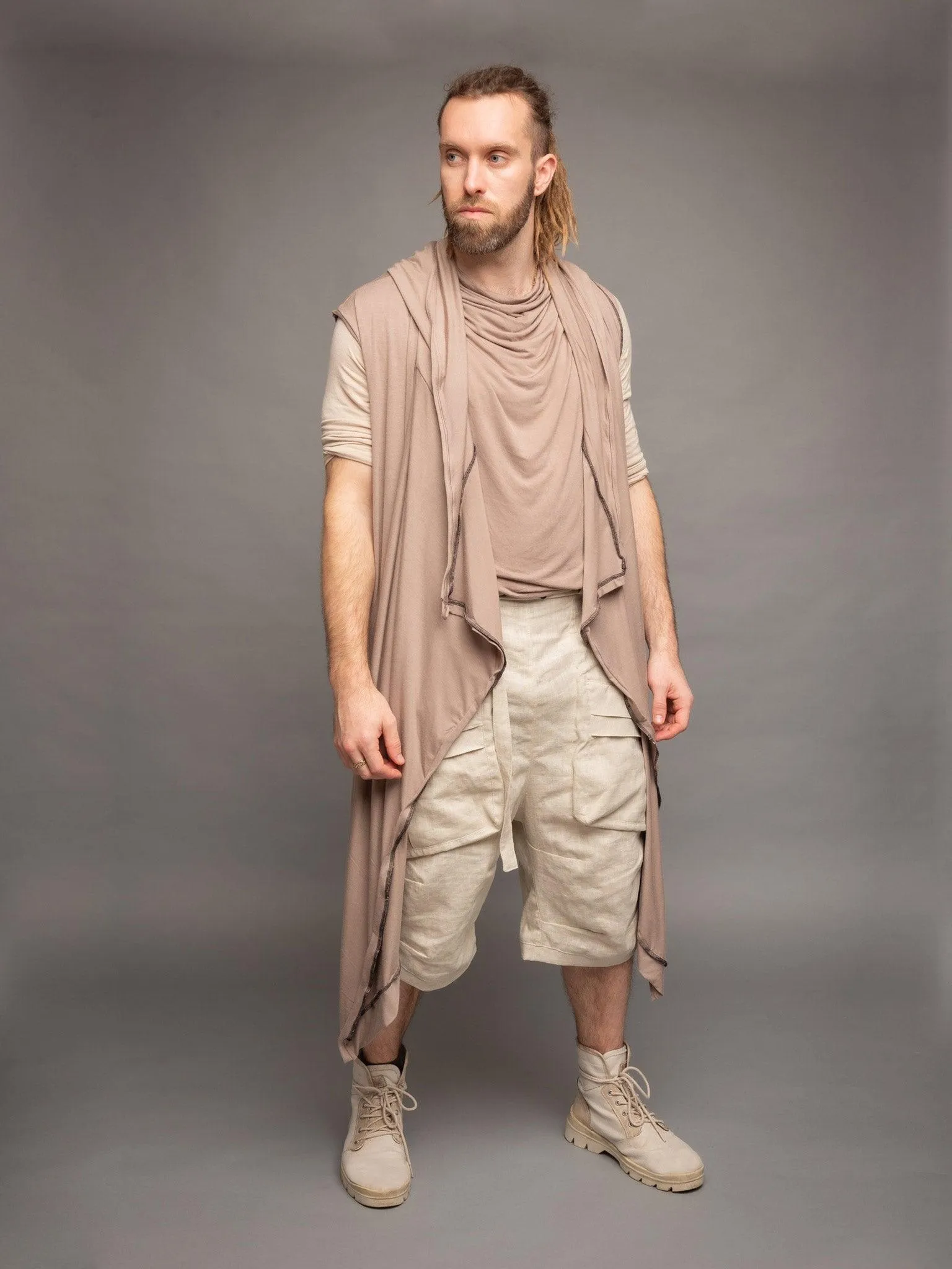 Shadow Men's Long Sleeveless Cardigan with Hood - Taupe