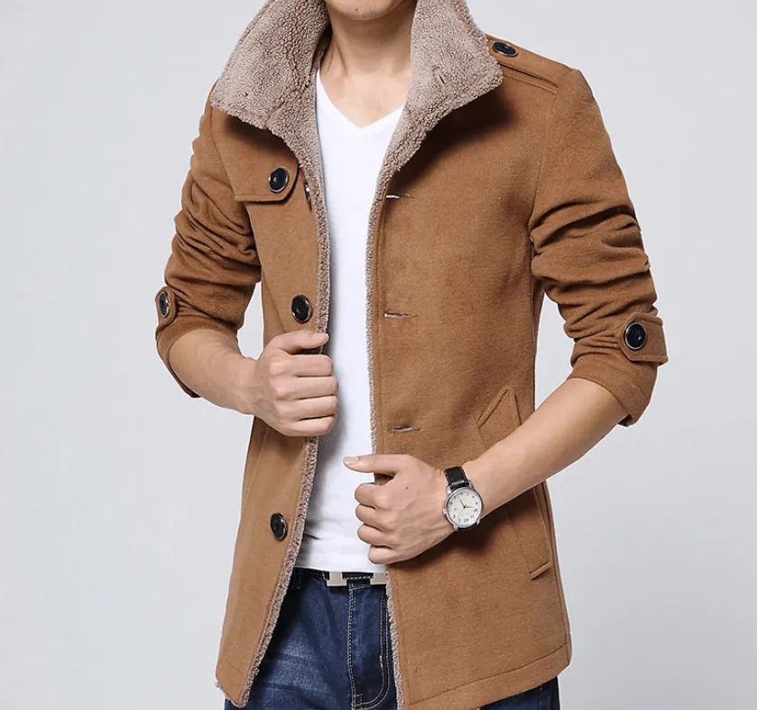 Slim-Fit Plus Velvet Men's Coat Korean Men's Windbreaker Lamb Wool Men's Woolen Cloth