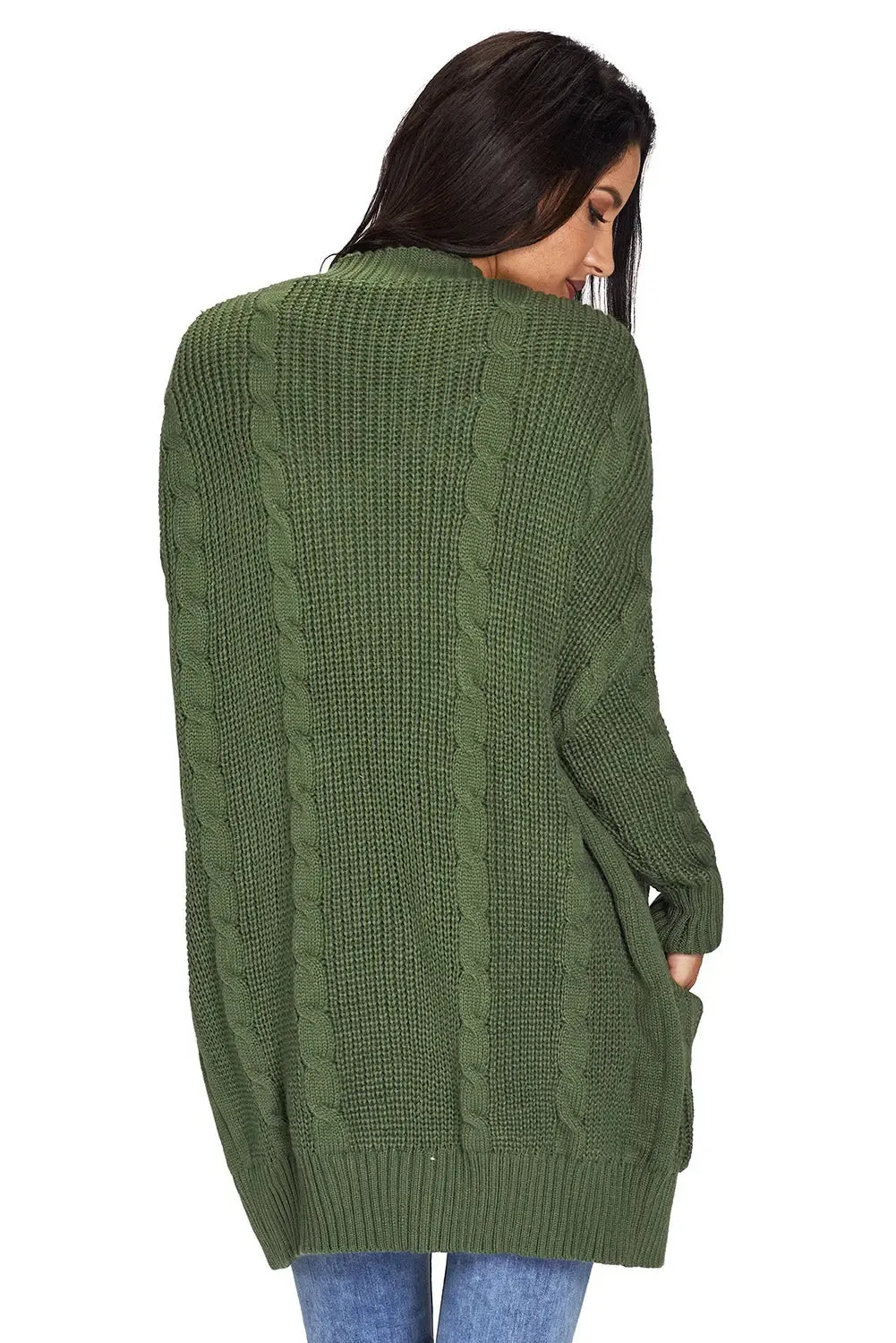 Stylish Olive Green Knit Long Sleeve Cardigan with Convenient Pockets