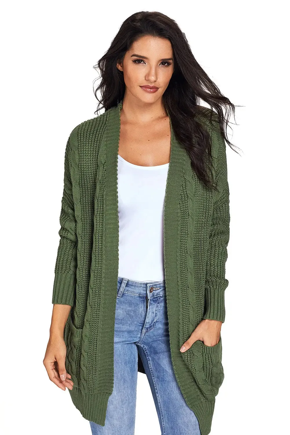 Stylish Olive Green Knit Long Sleeve Cardigan with Convenient Pockets