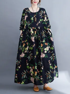 Vacation Long Sleeves Loose Floral Printed Round-Neck Maxi Dresses