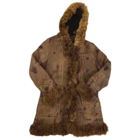 Vintage 80s 90s Brown Embroidered Hooded Penny Lane Shearling Coat 12 14 M