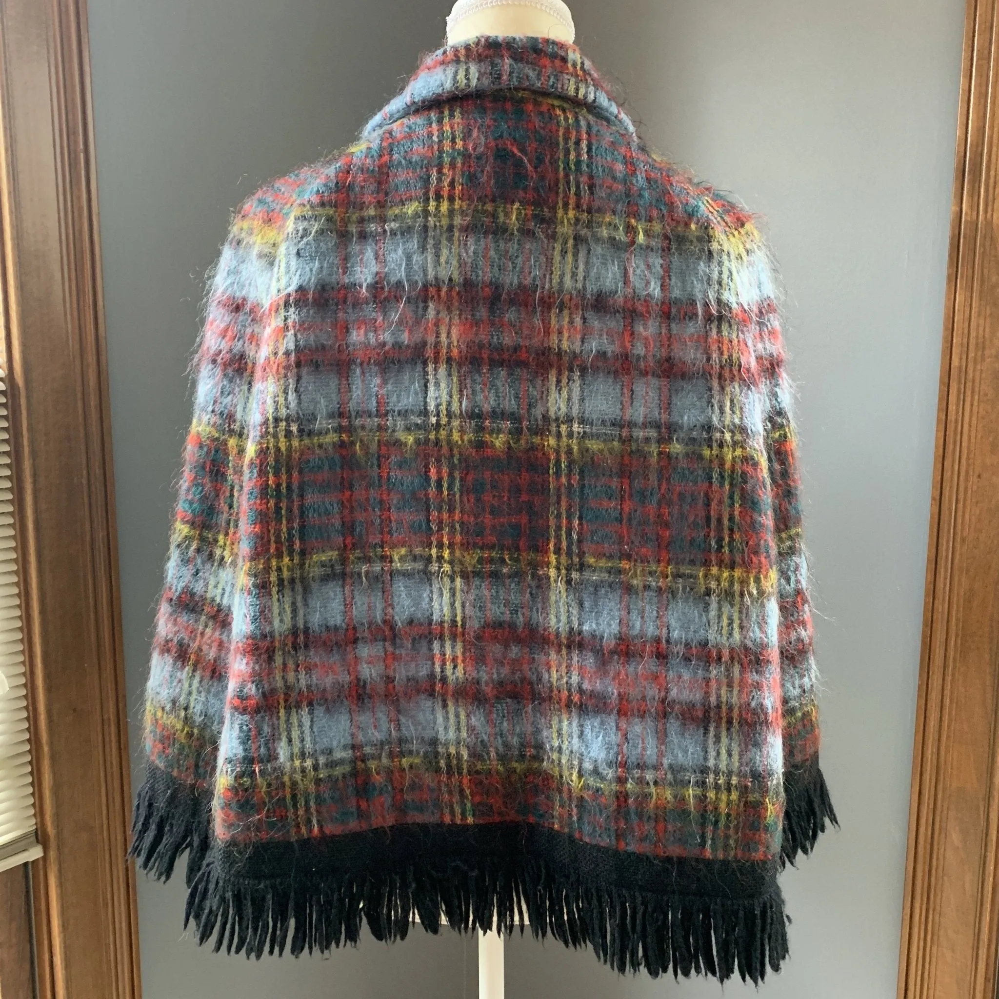 Vintage Mohair Wool Poncho or Jacket in Blue and Red Plaid from Strathtay Originals of Scotland.